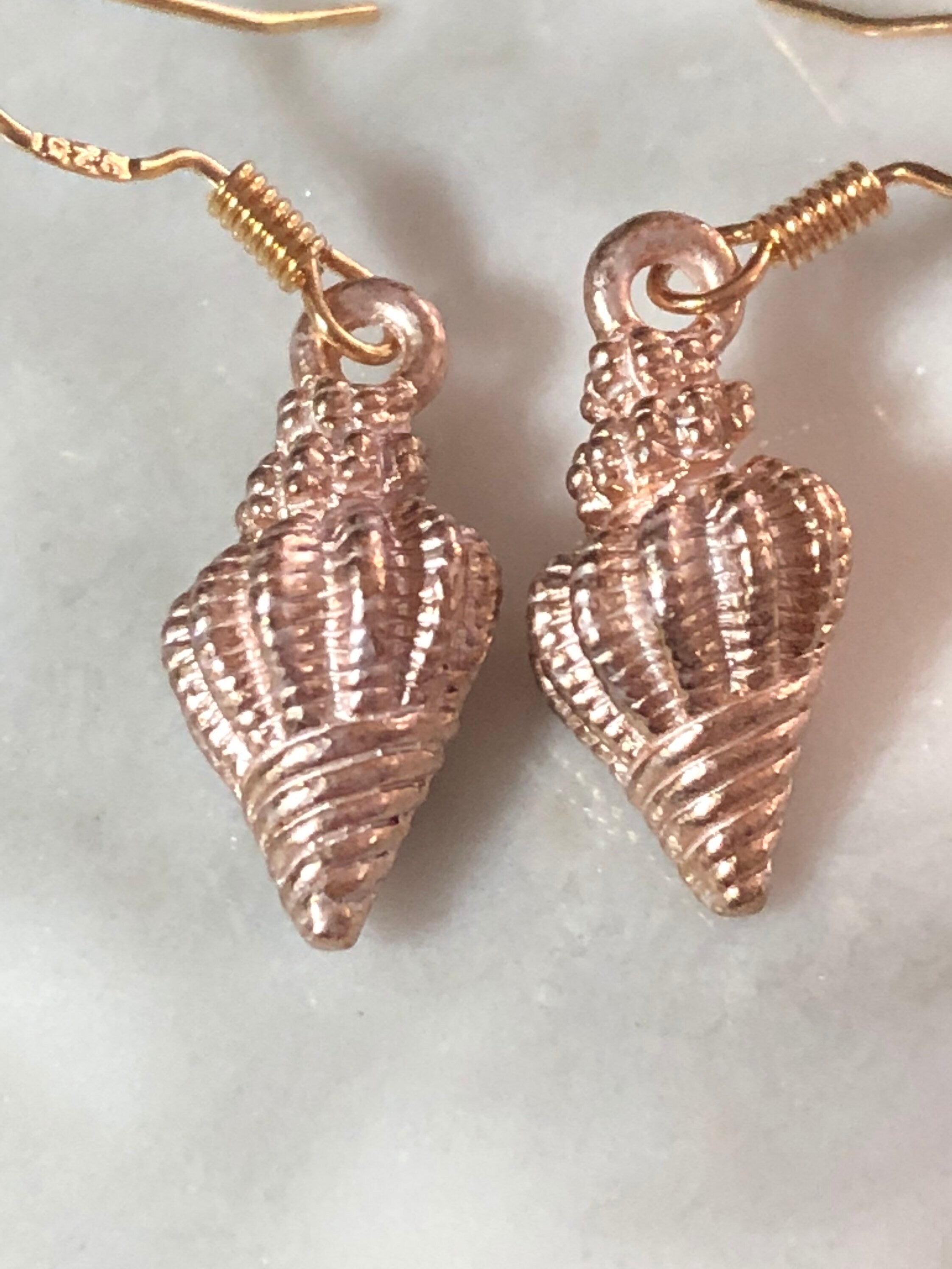 pink enamel seashell drop earrings Nautical gold tone