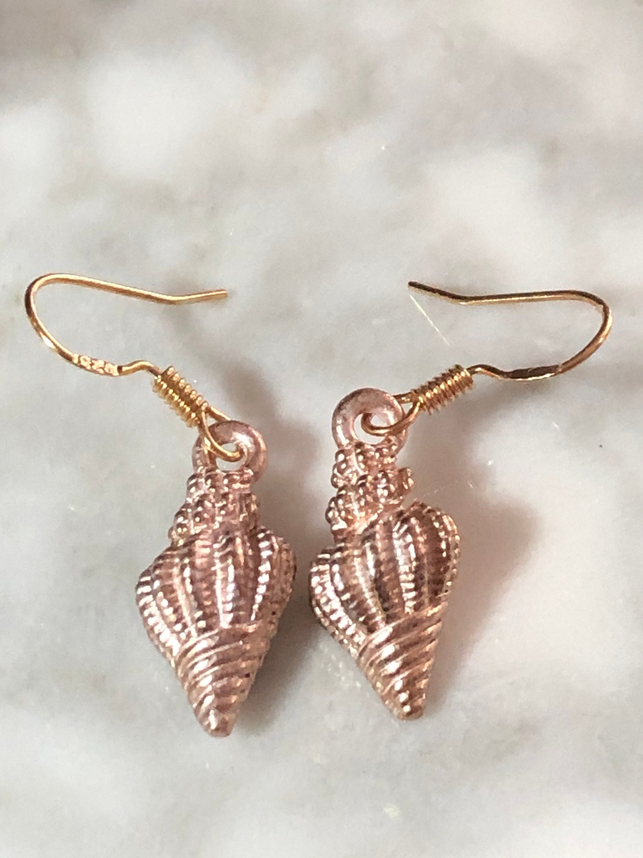pink enamel seashell drop earrings Nautical gold tone