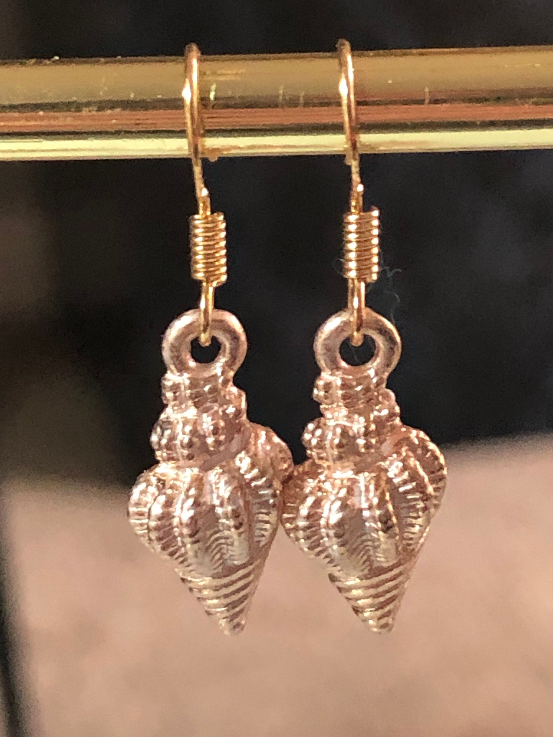 pink enamel seashell drop earrings Nautical gold tone
