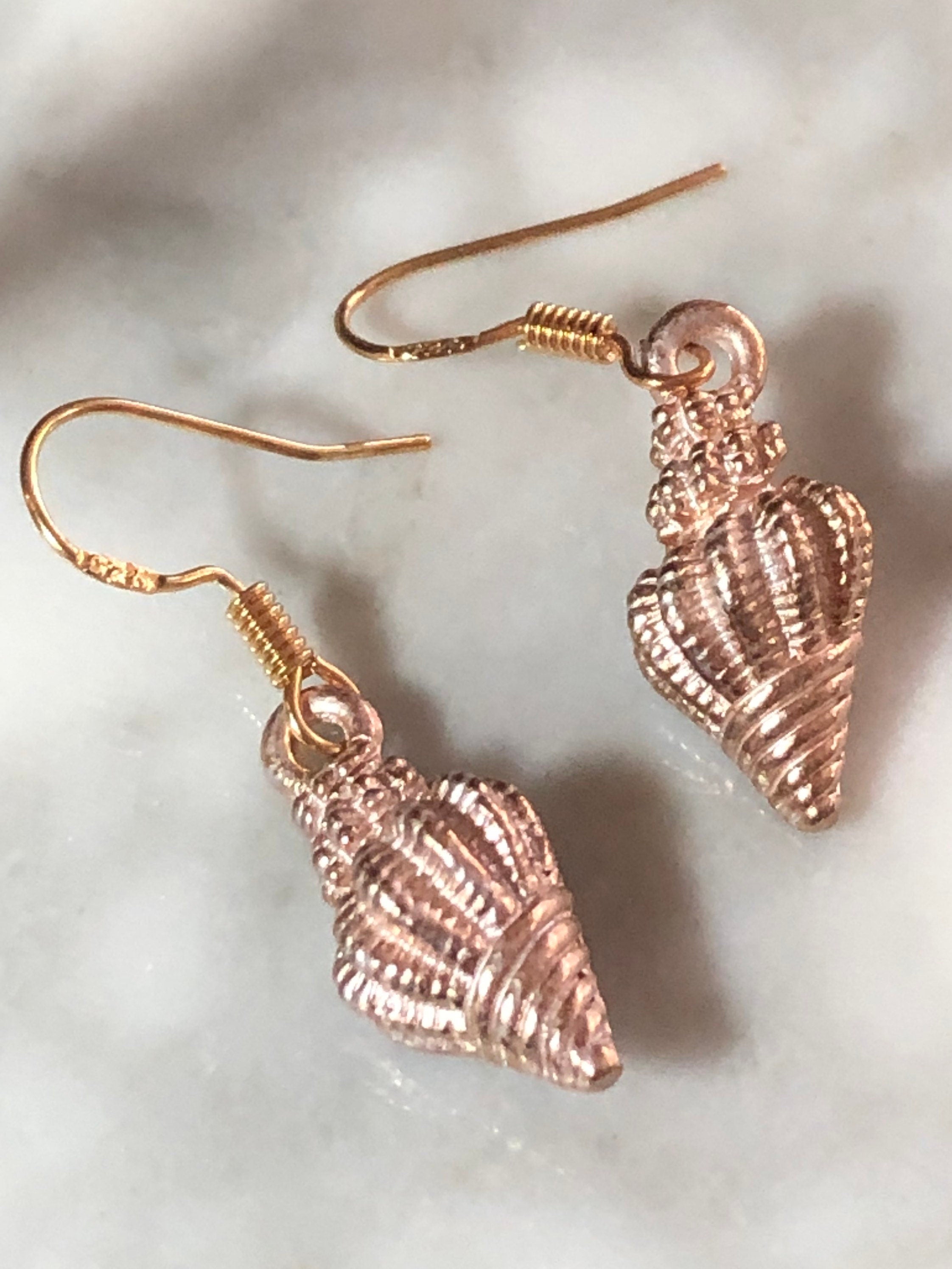pink enamel seashell drop earrings Nautical gold tone