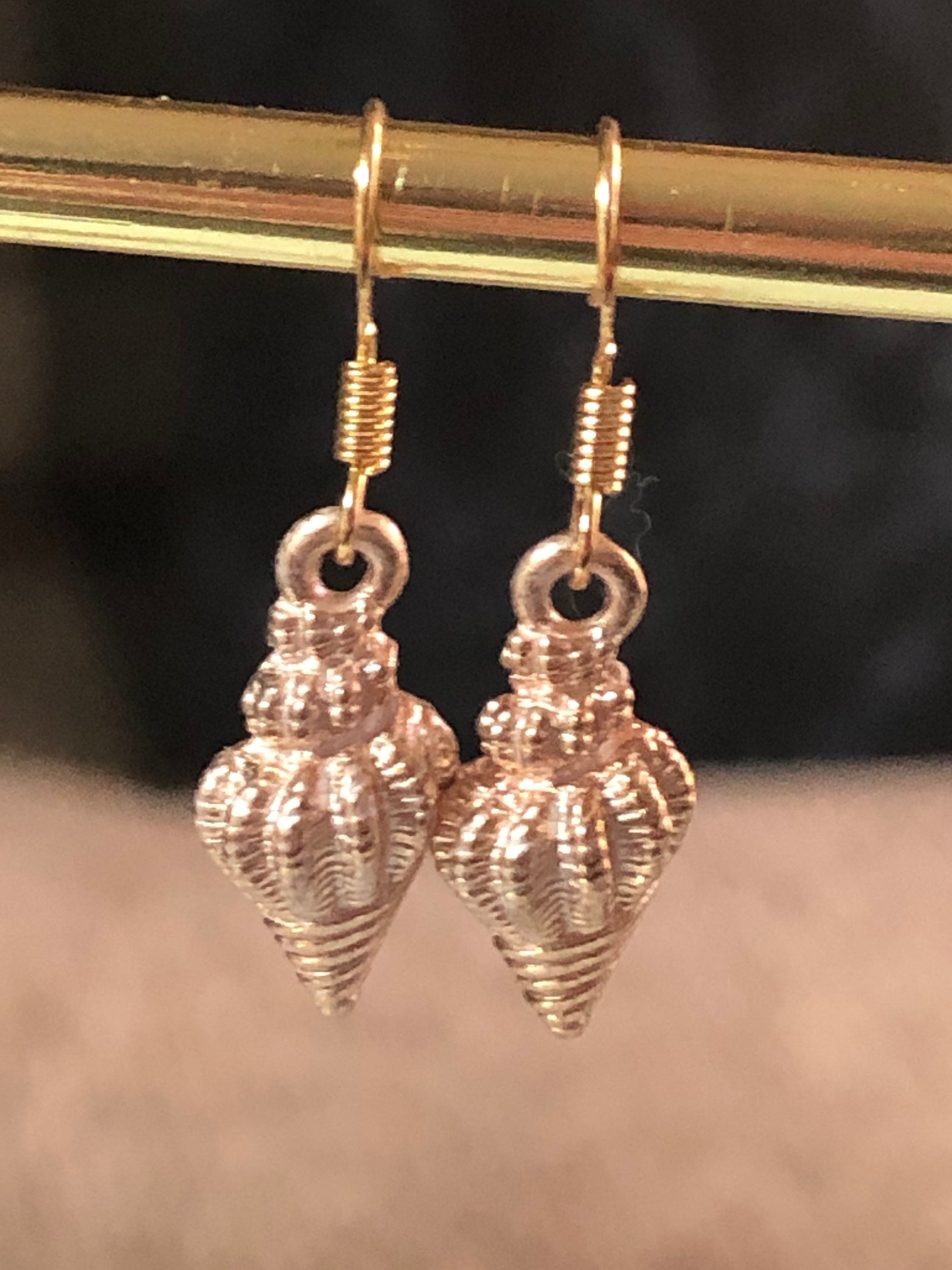 pink enamel seashell drop earrings Nautical gold tone