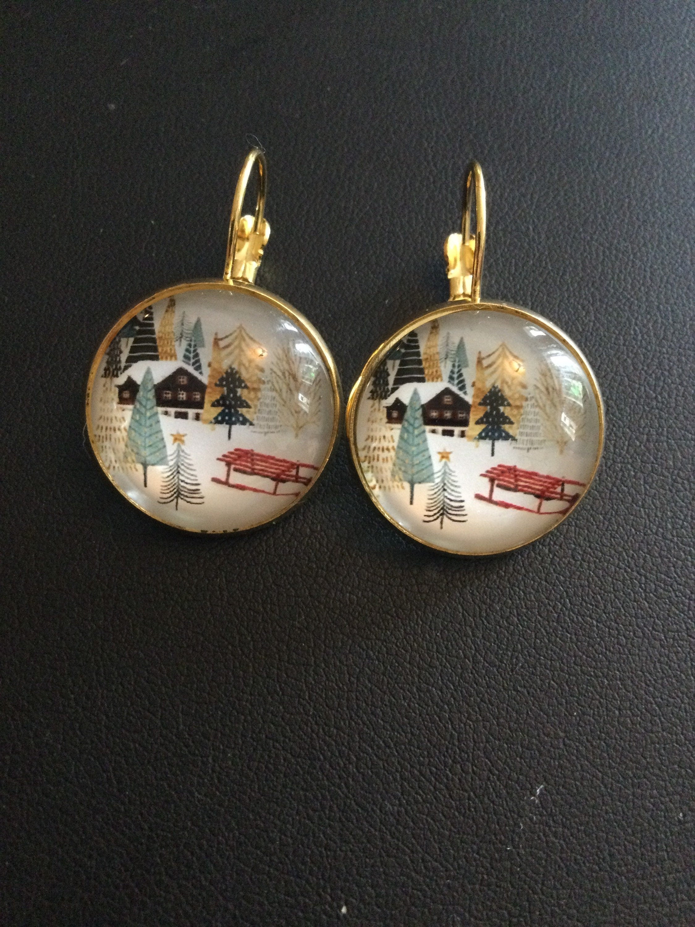 Hygge nordic style winter snow scene drop earrings