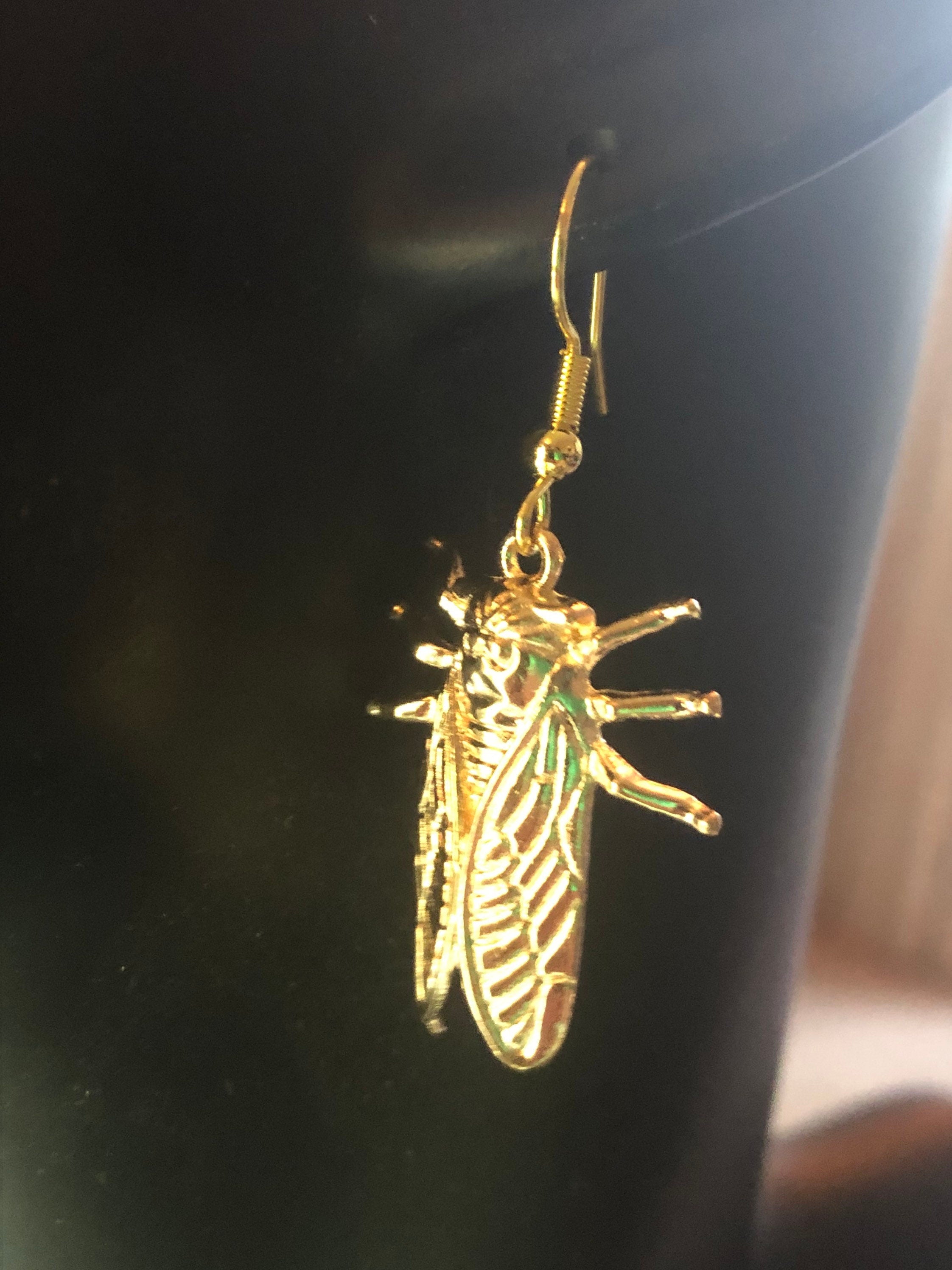gold tone Cicada bug earrings for pierced ears