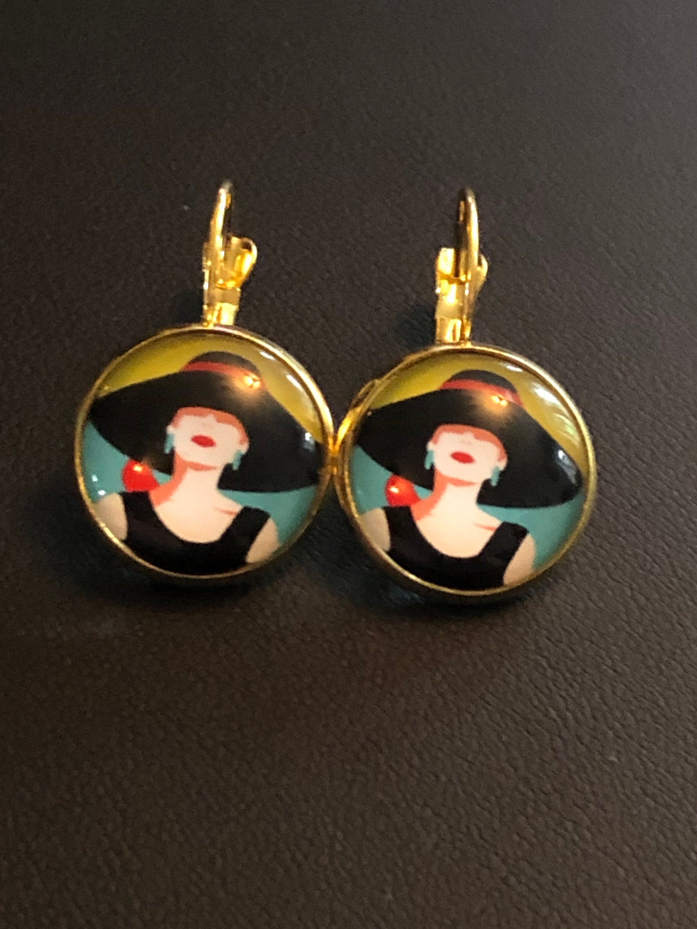 Art Deco stylish lady drop earrings with glass cabochon 1950s style pop art