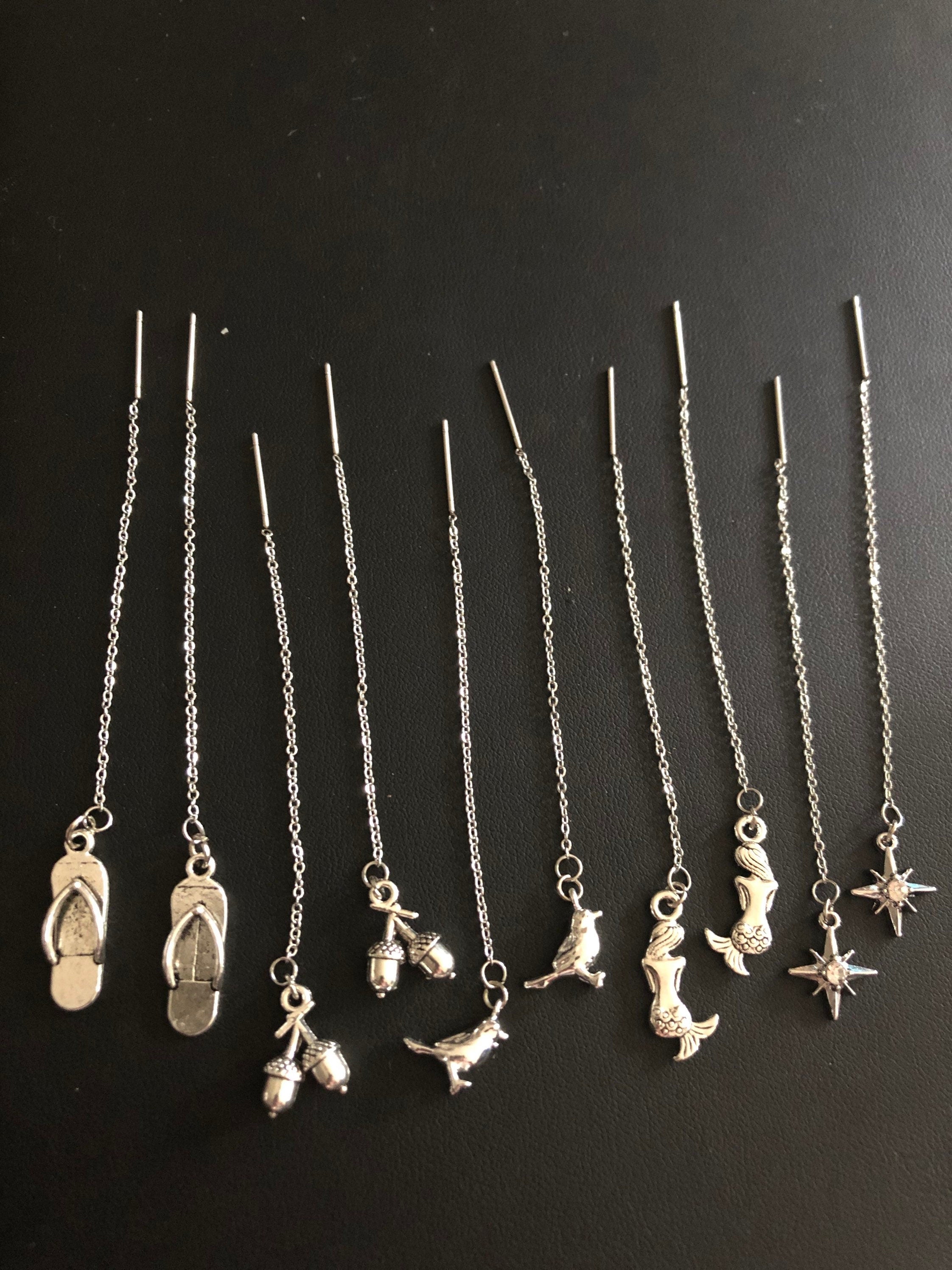 Silver ACORN drop earrings pierced threader stainless steel