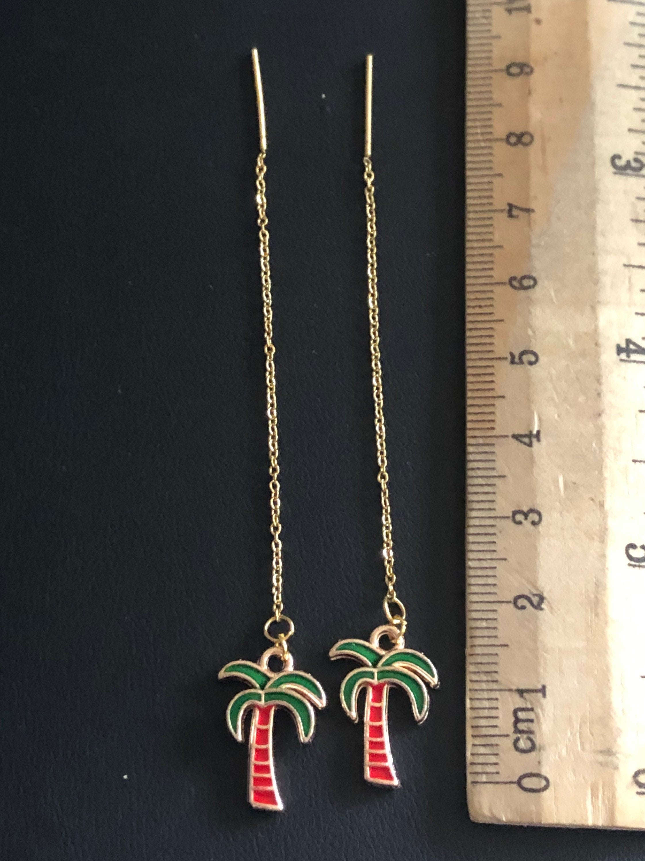 Pull through palm tree drop earrings pierced chain earrings threader