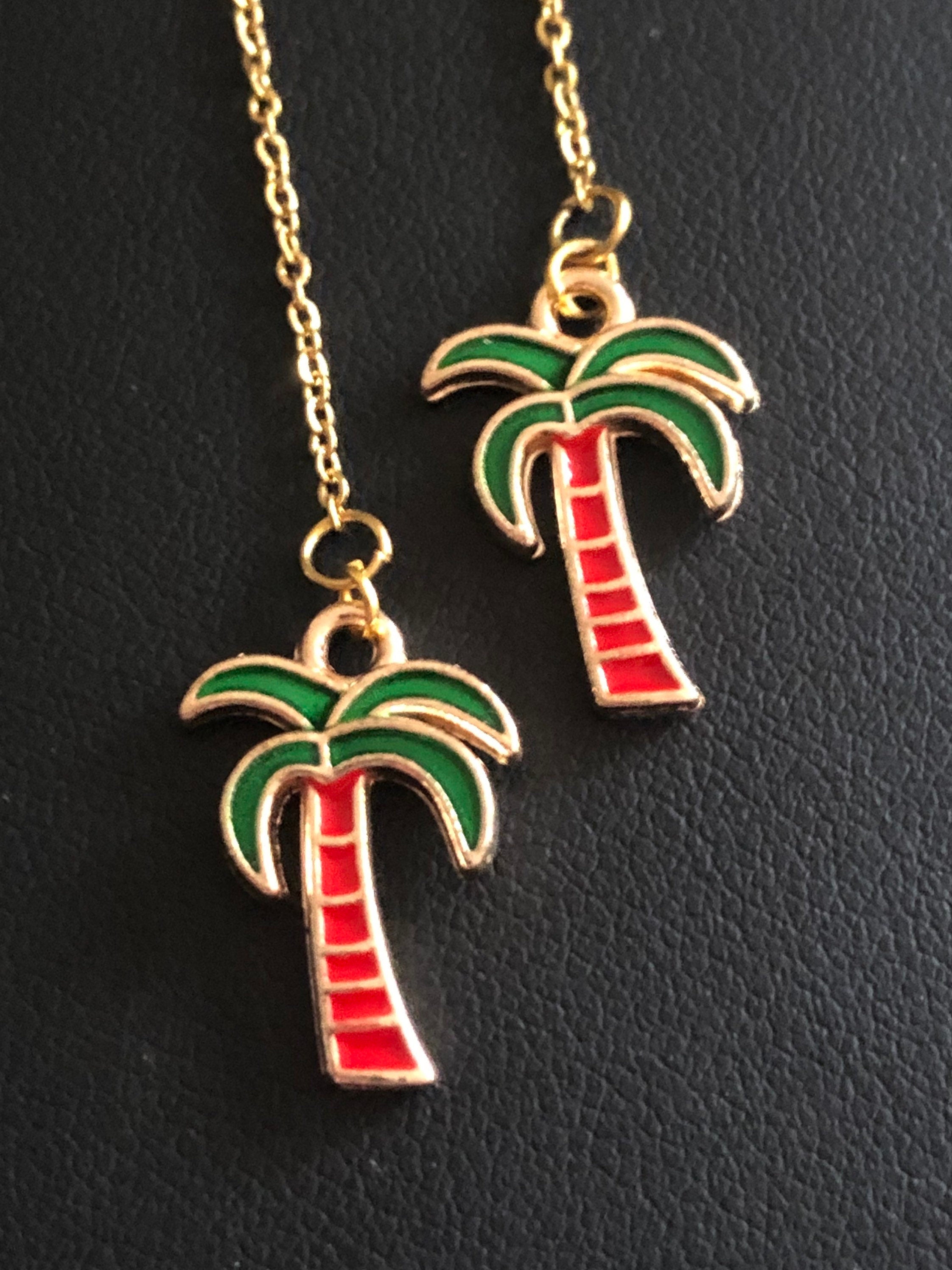 Pull through palm tree drop earrings pierced chain earrings threader