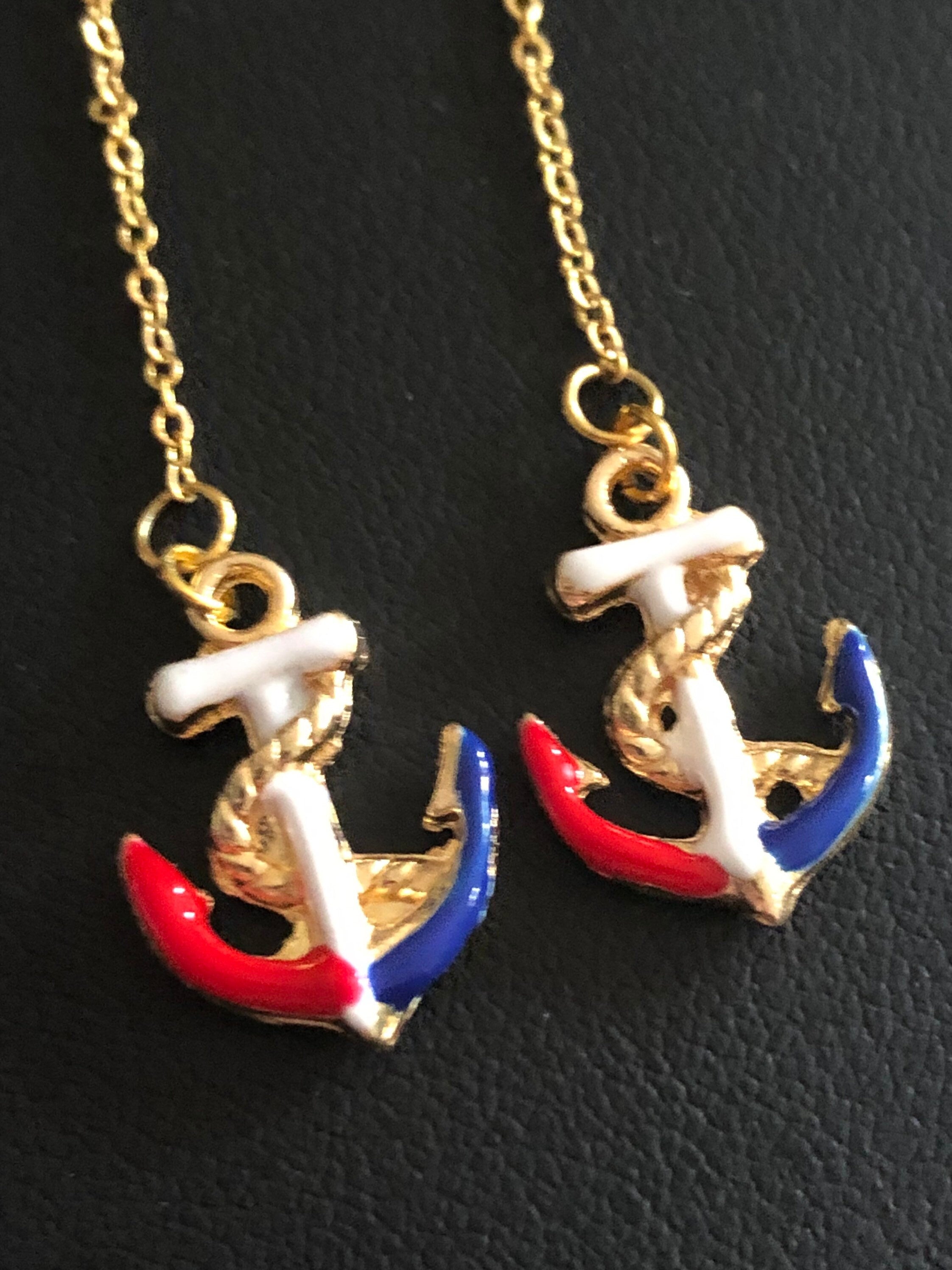 gold tone red, white, blue enamel anchor threader earrings