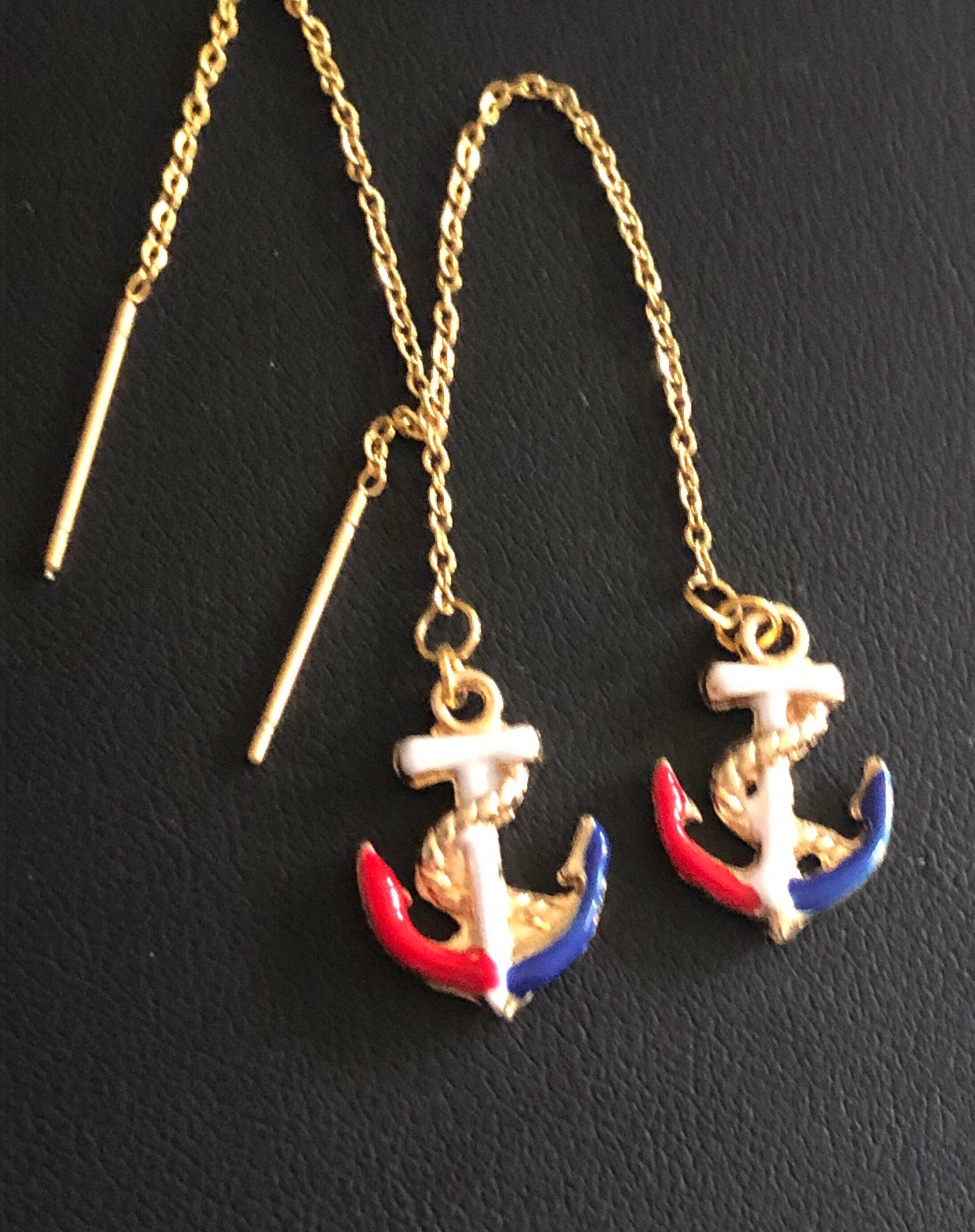 gold tone red, white, blue enamel anchor threader earrings