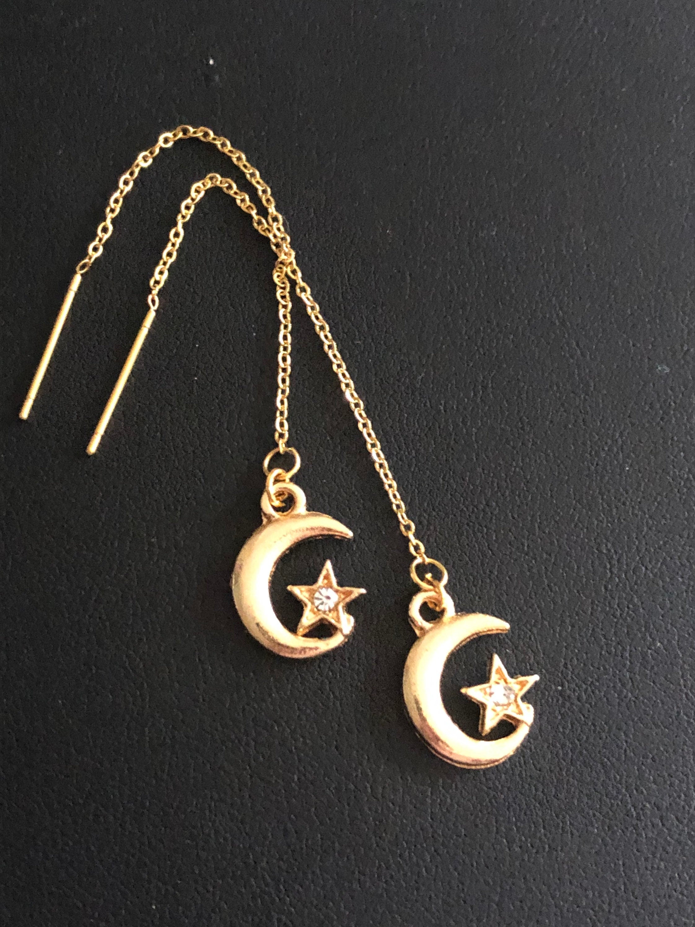 Celestial diamanté moon & stars threader earrings drop pierced chains