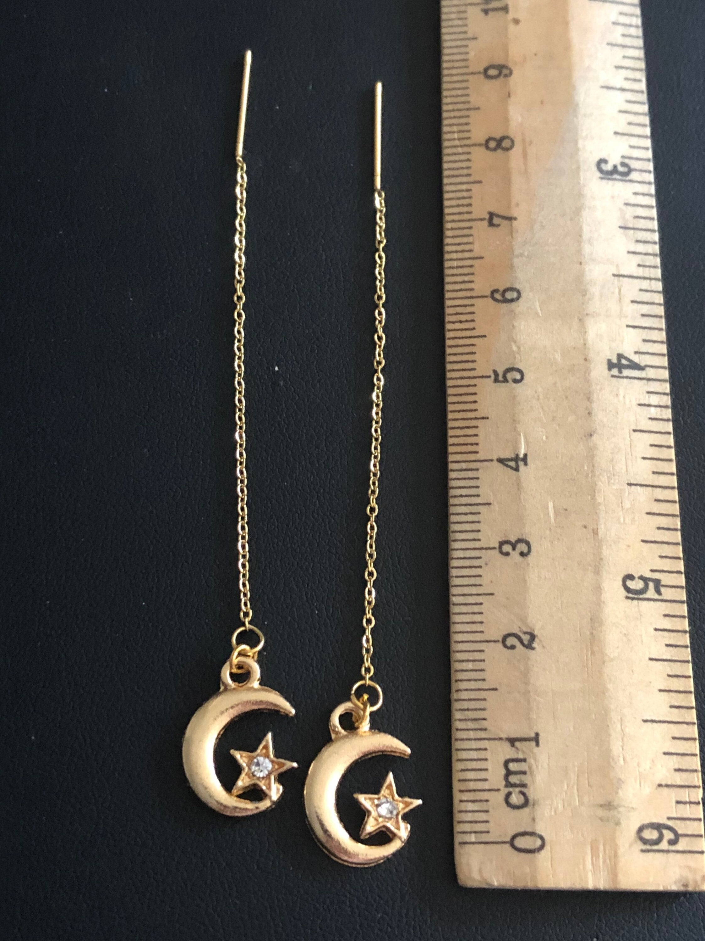 Celestial diamanté moon & stars threader earrings drop pierced chains