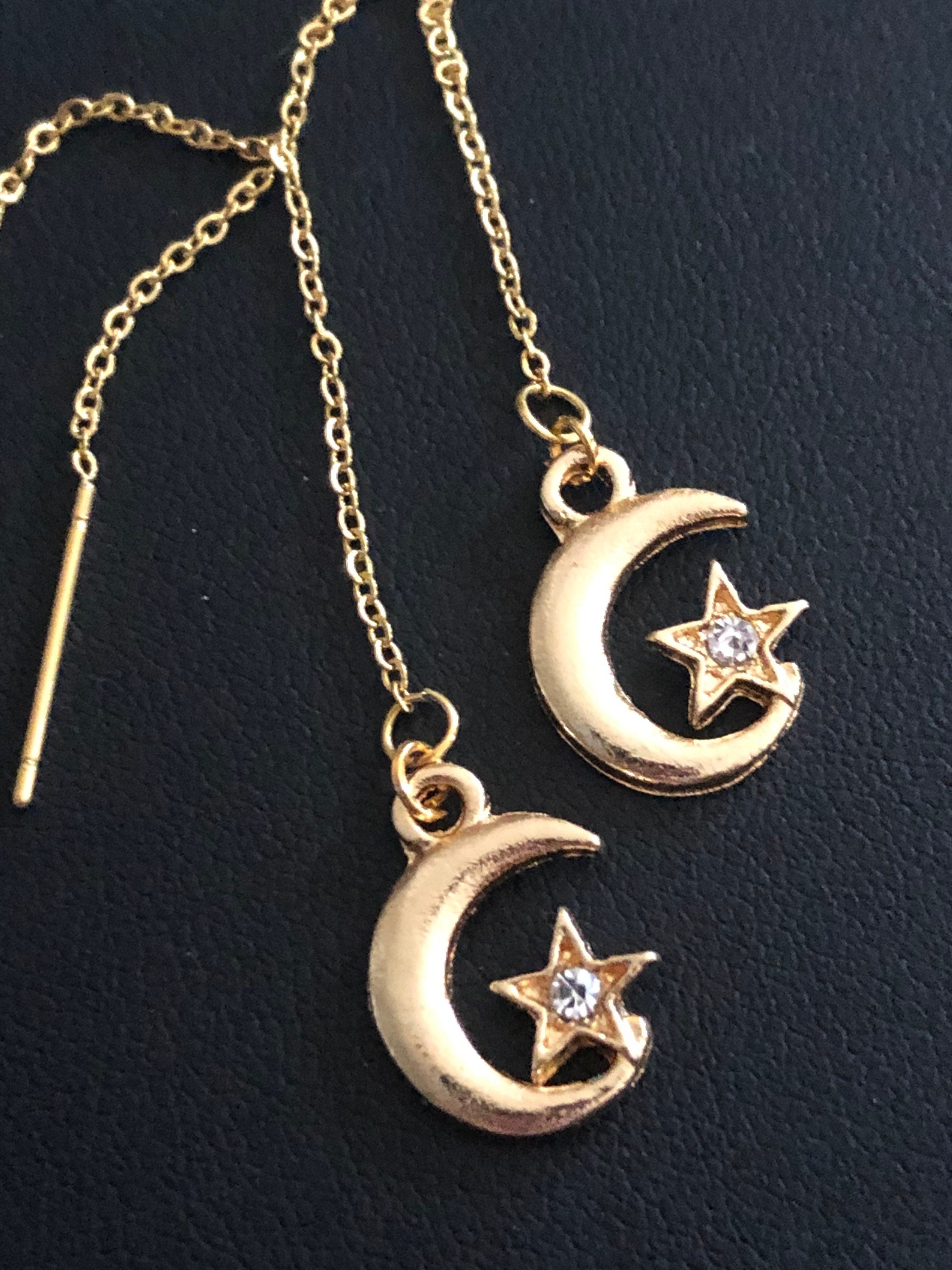 Celestial diamanté moon & stars threader earrings drop pierced chains