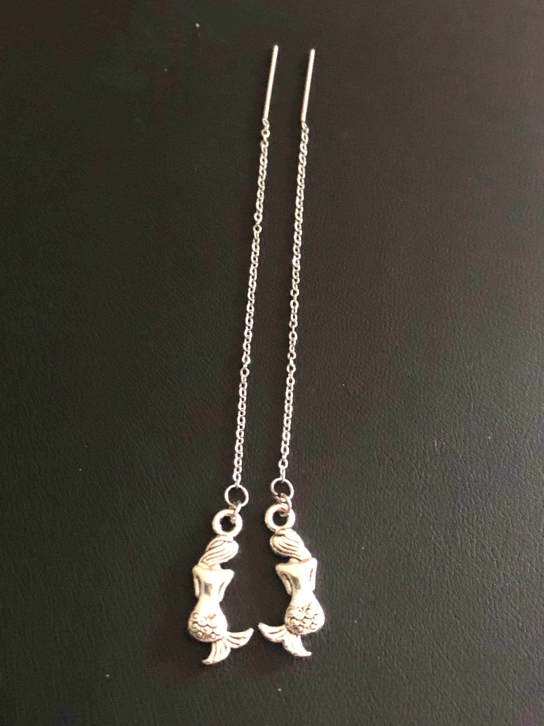 Silver Tone Mermaid Threader Earrings: Nautical Drop Earrings