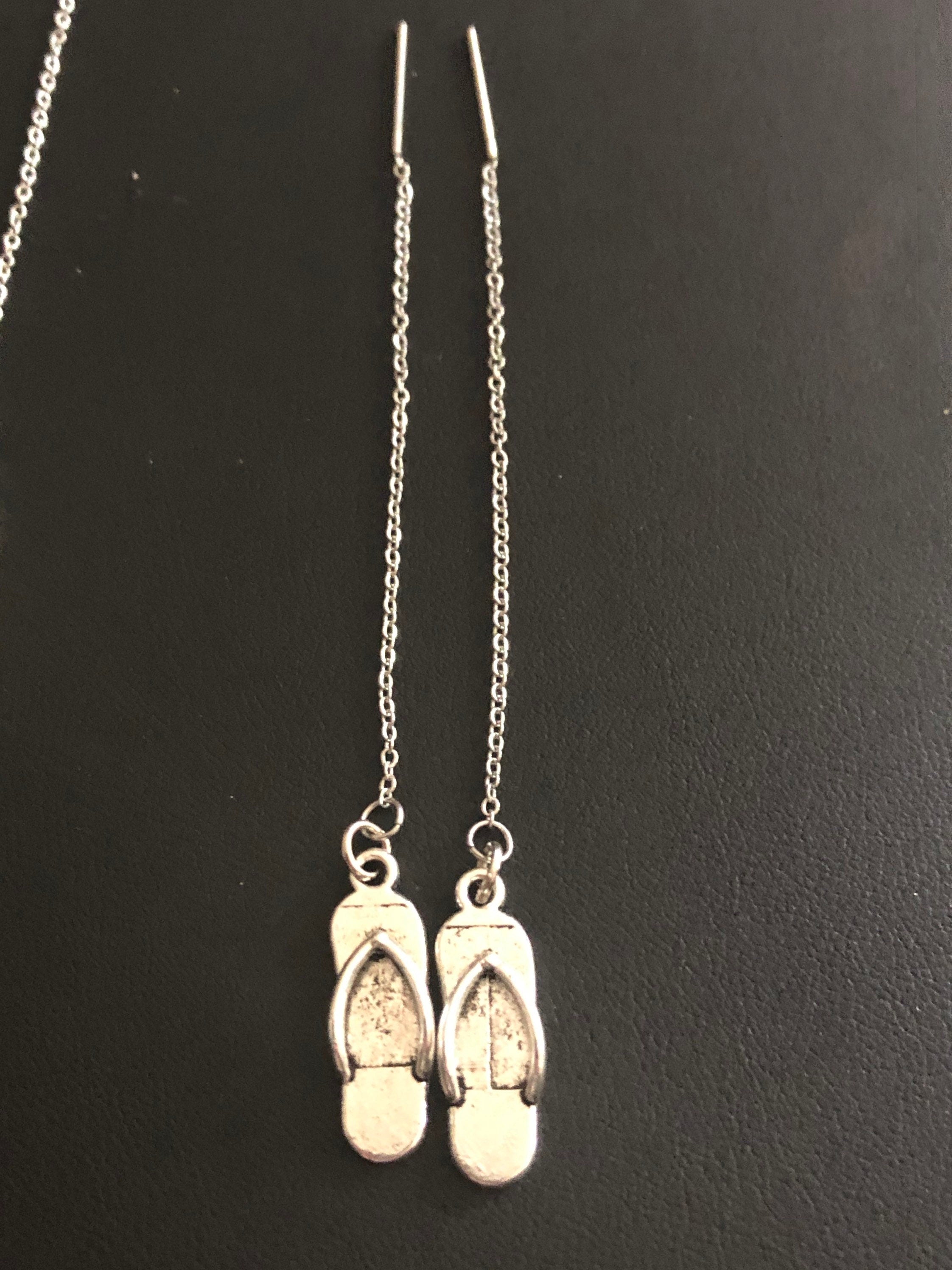 Silver tone summer holiday novelty flip flop shoes drop earrings