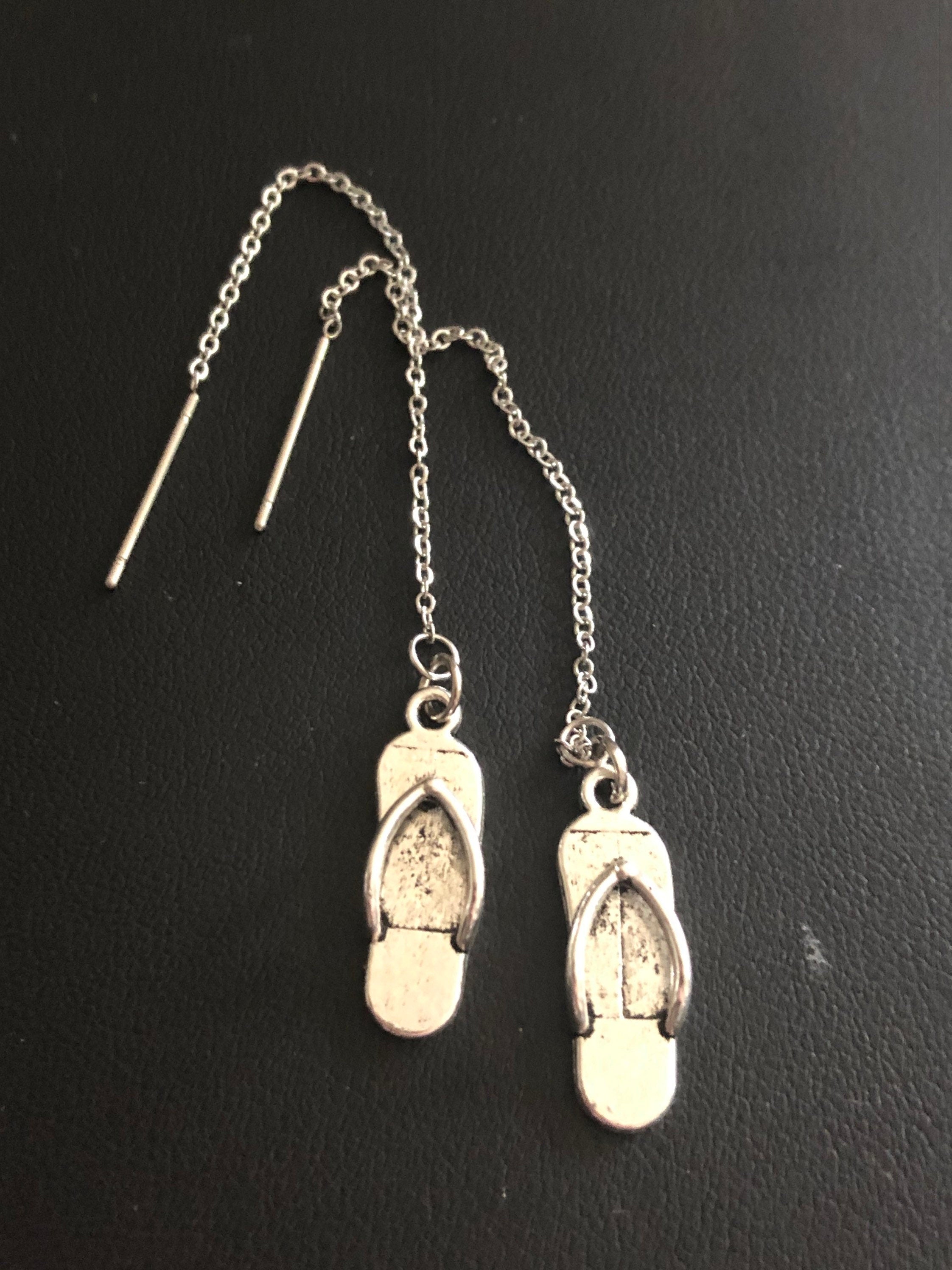 Silver tone summer holiday novelty flip flop shoes drop earrings