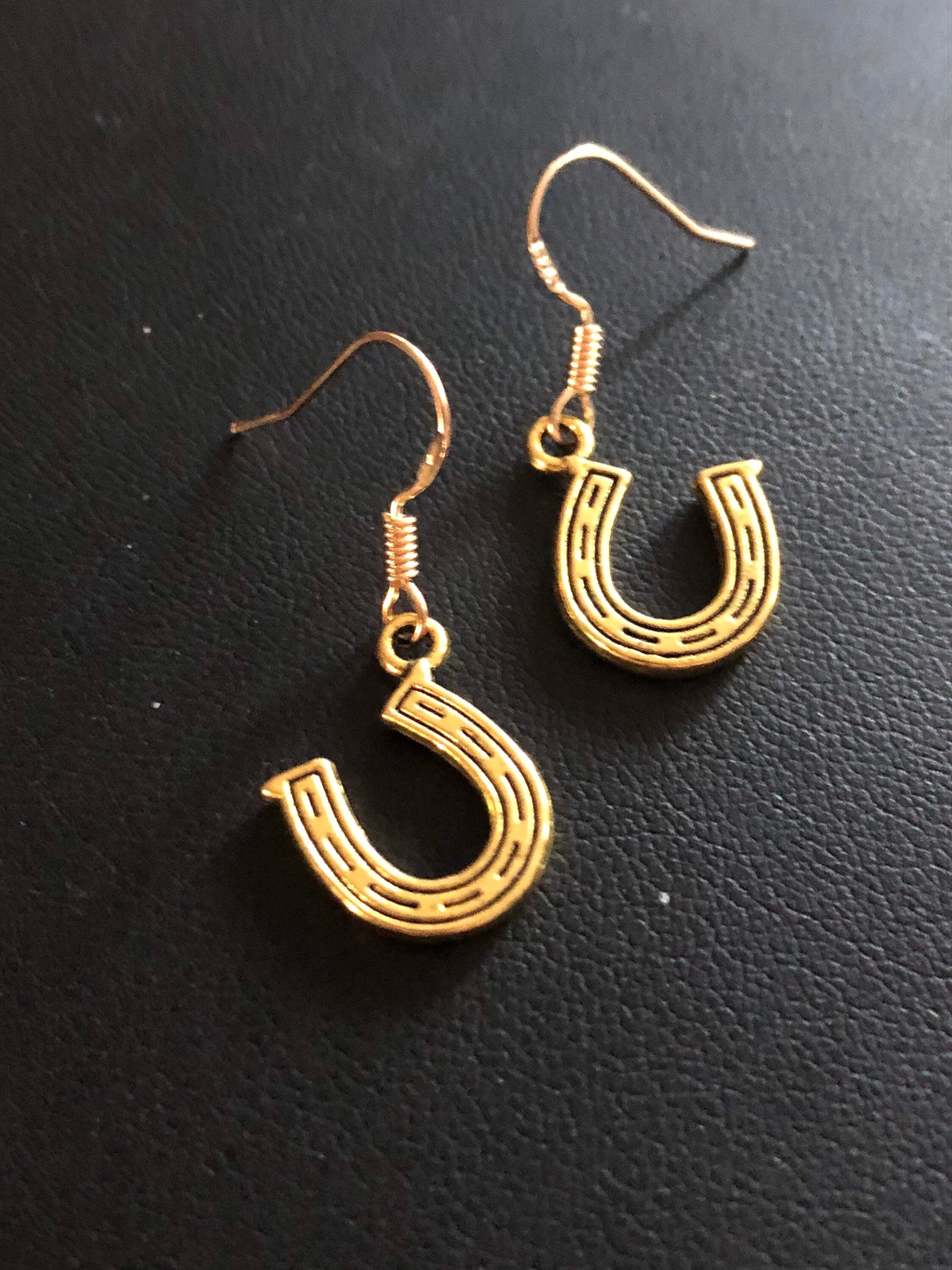 Gold Tone Lucky Horseshoe Drop Earrings: Equestrian Jewellery