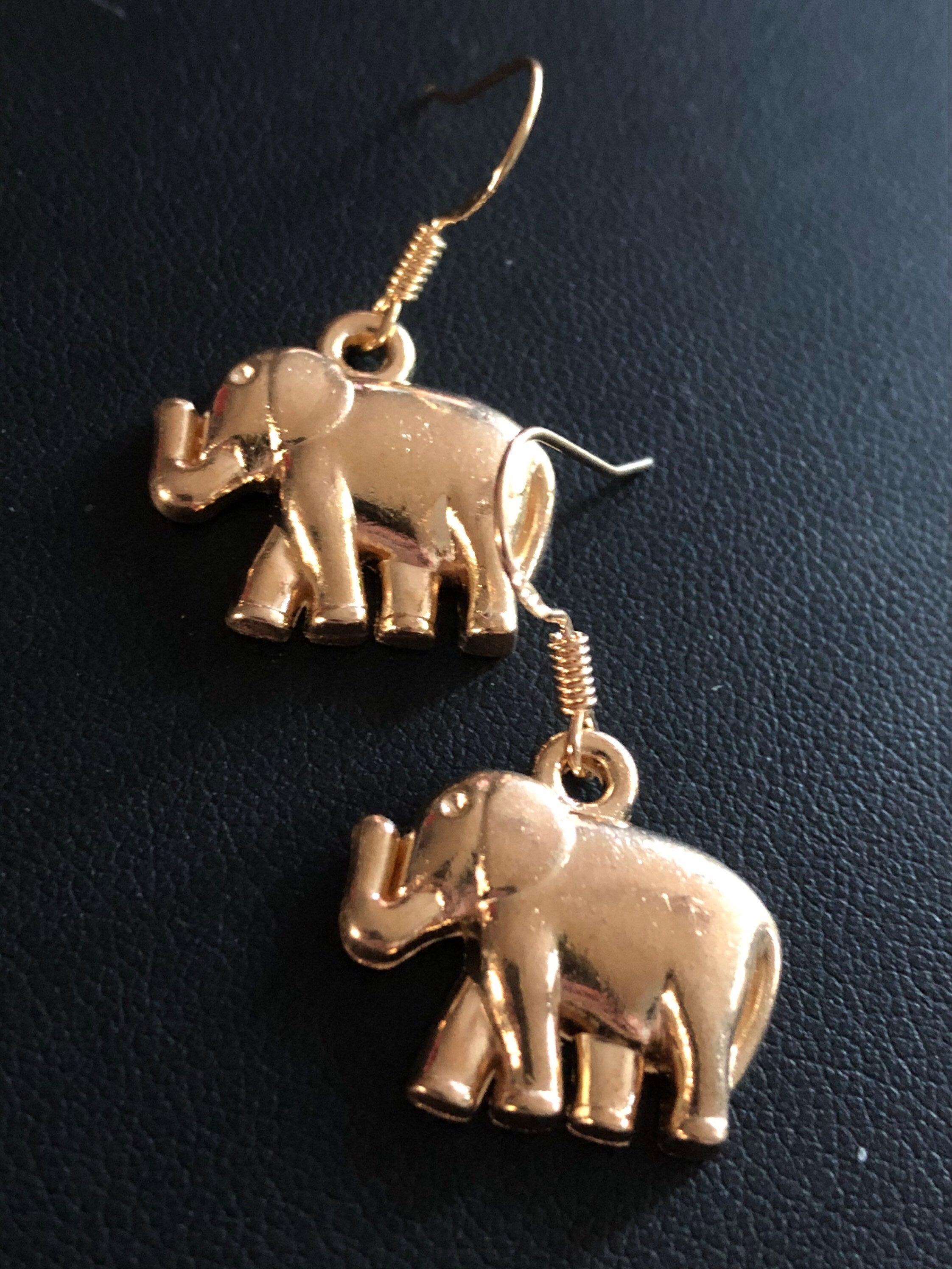Small gold tone elephant drop earrings for pierced ears