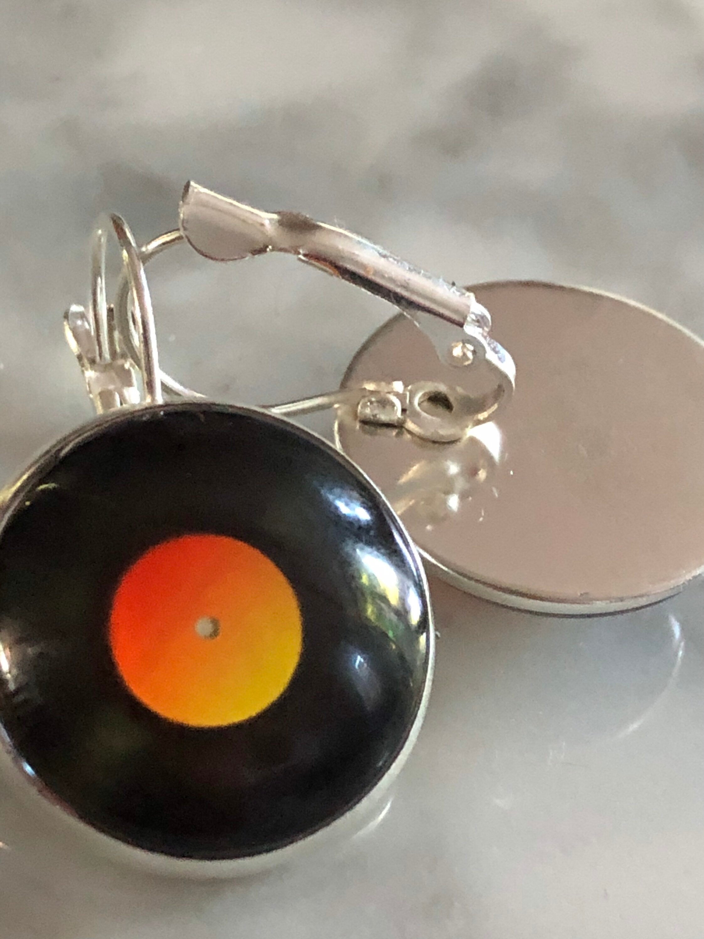 2cm retro Black orange Vinyl record drop earrings glass cabochon silver tone