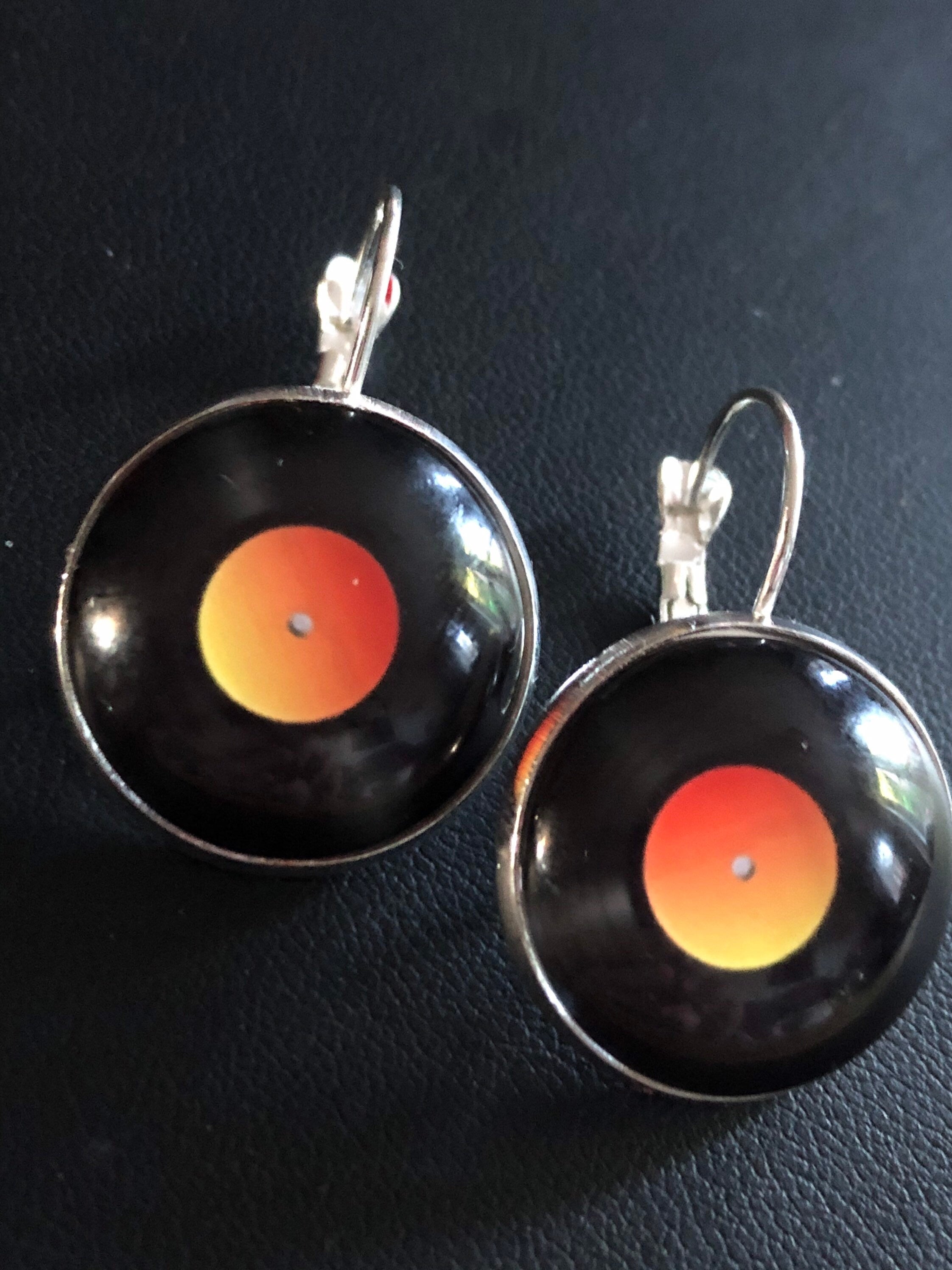 2cm retro Black orange Vinyl record drop earrings glass cabochon silver tone