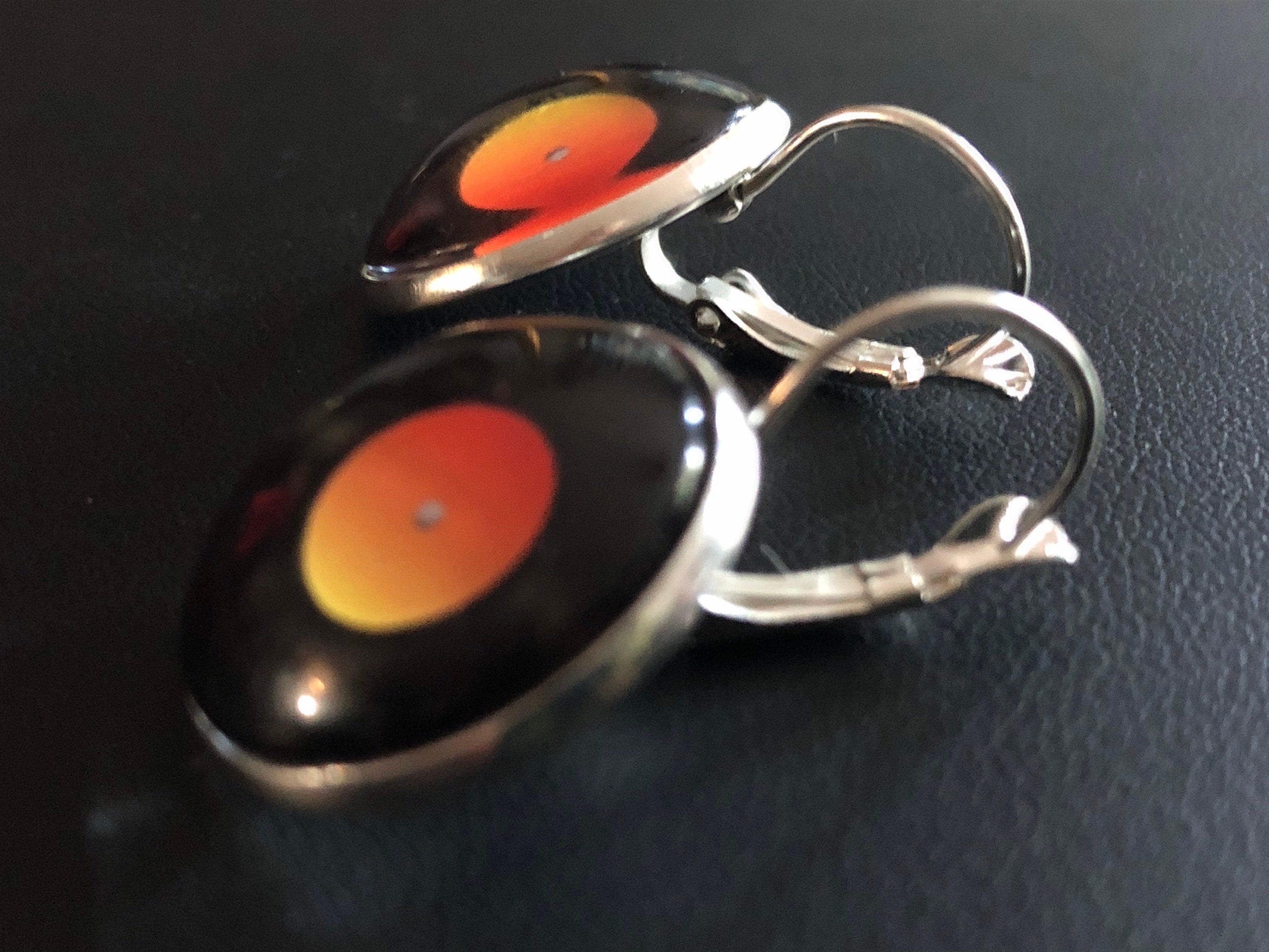 2cm retro Black orange Vinyl record drop earrings glass cabochon silver tone
