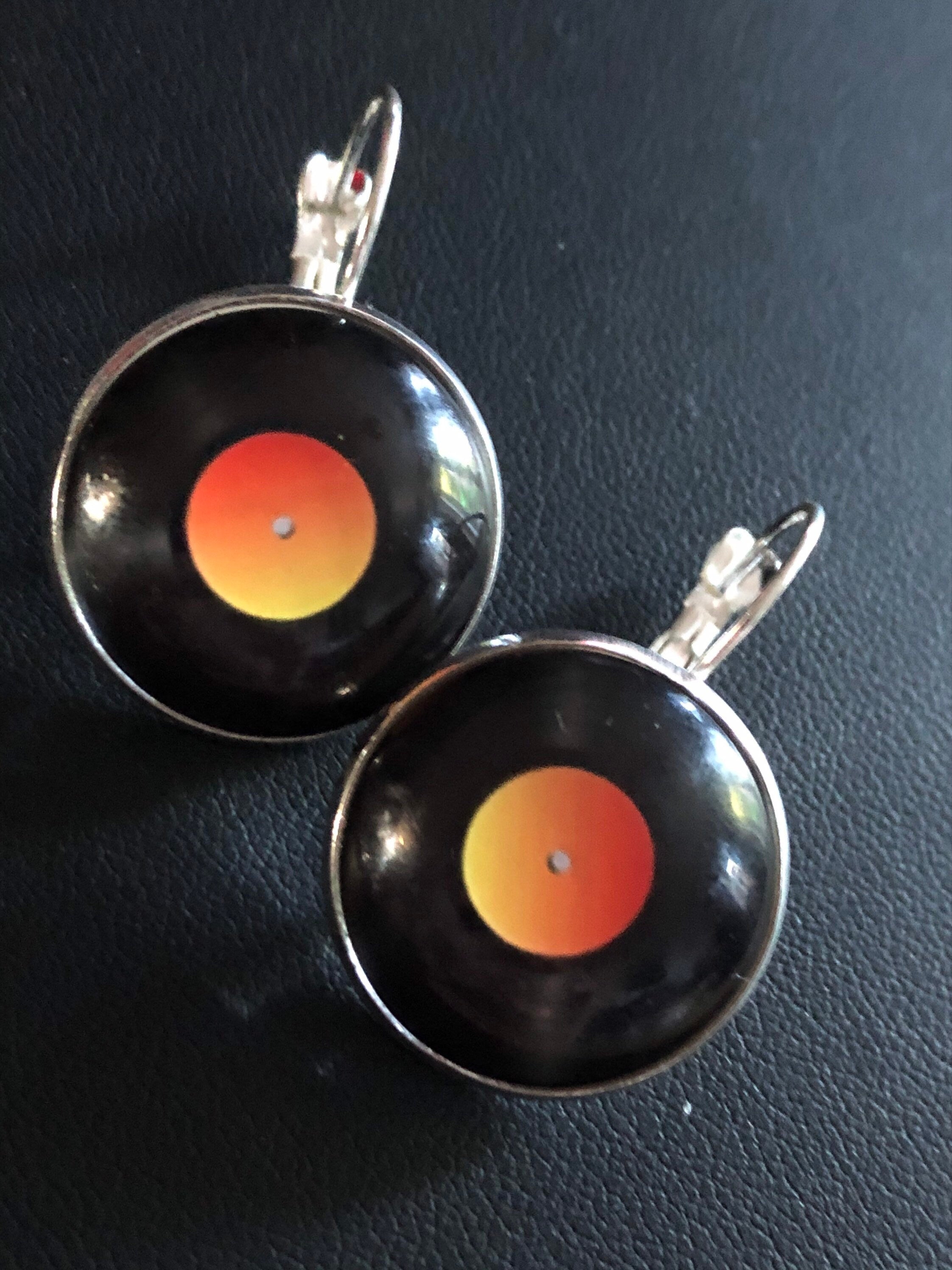 2cm retro Black orange Vinyl record drop earrings glass cabochon silver tone