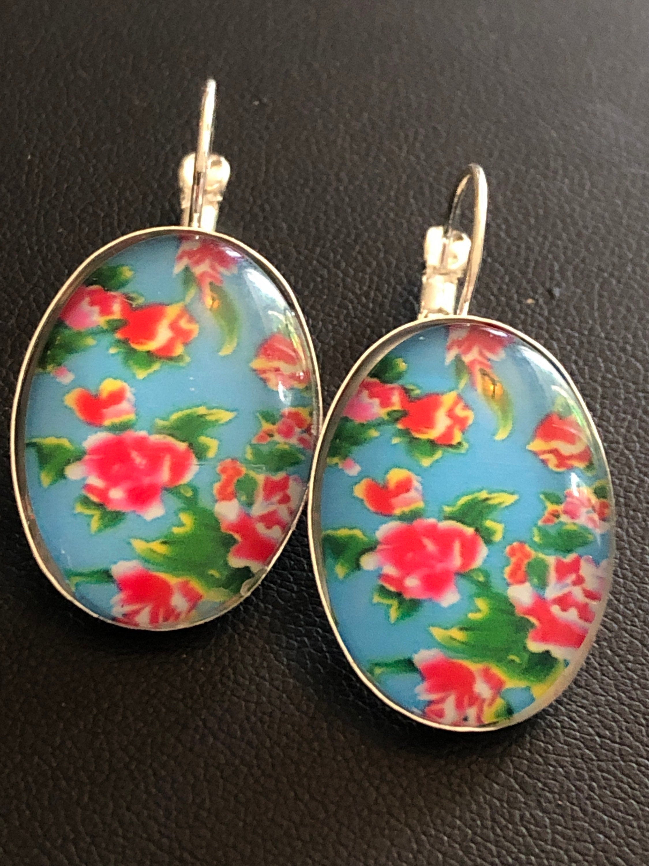 Blue, Red and Pink vintage style roses set in oval glass cabochon drop earrings silver plated