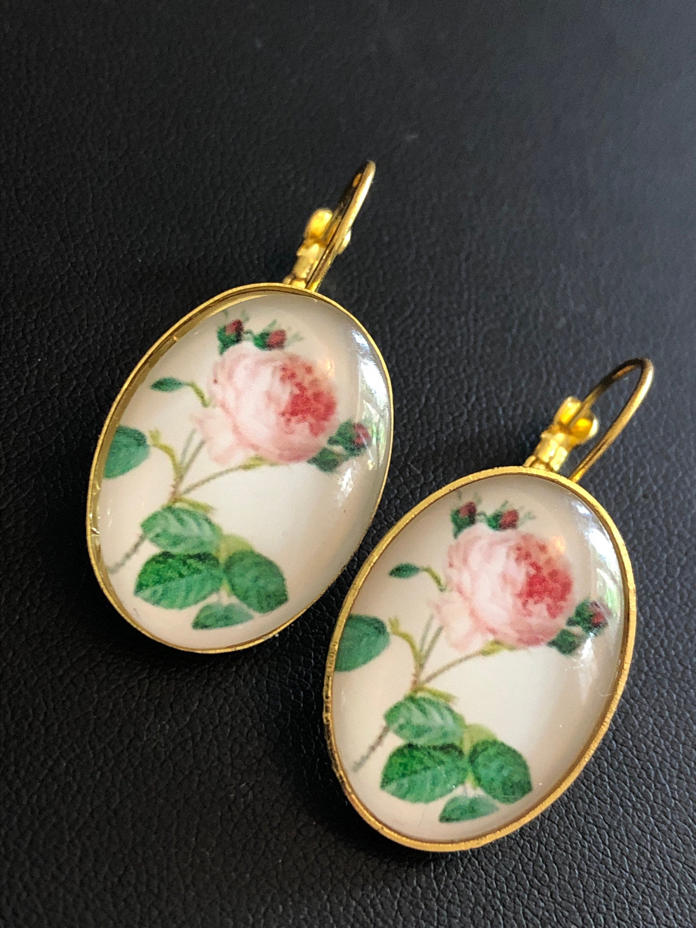 Soft Pink roses oval glass cabochon earrings gold tone