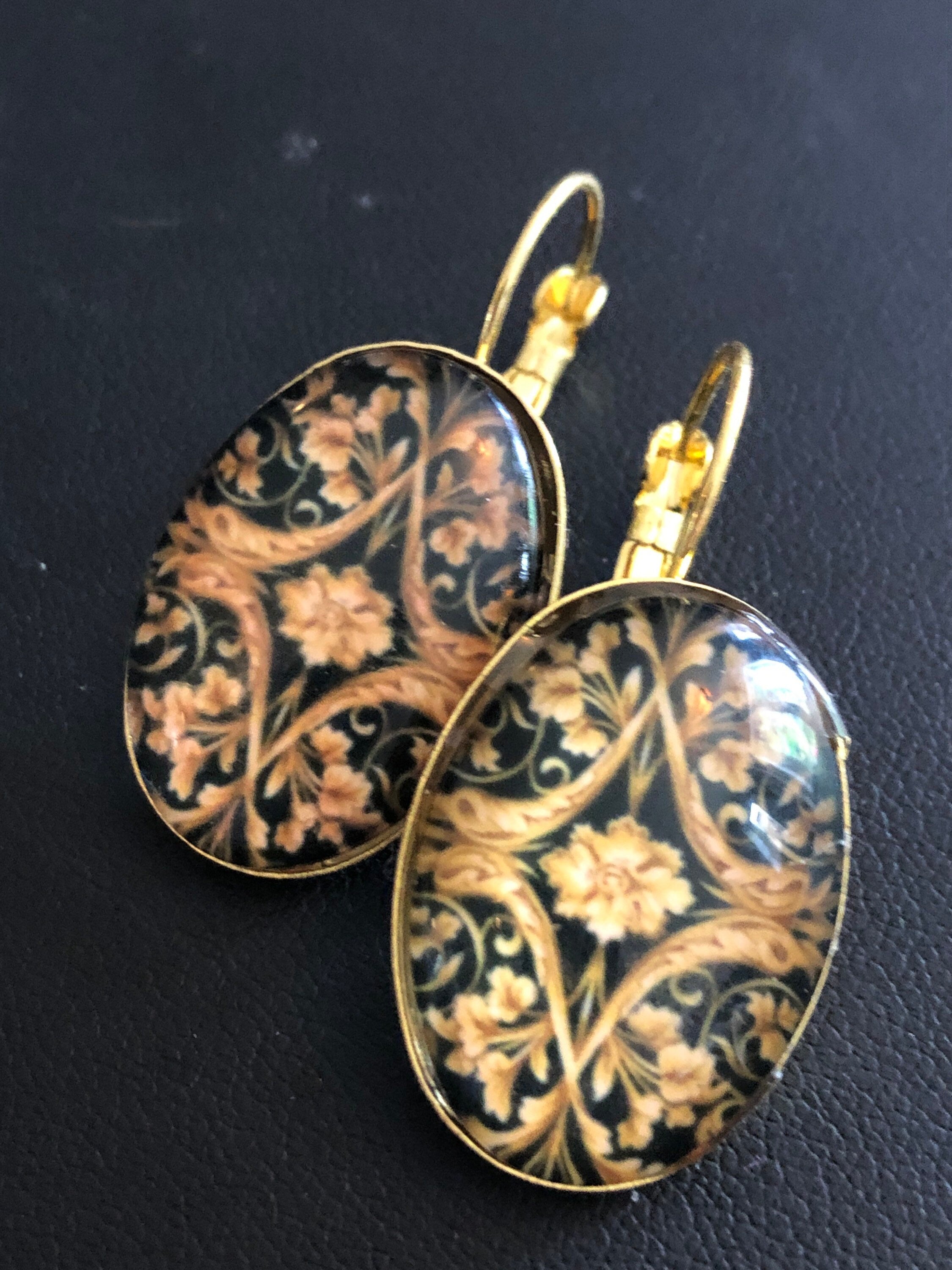 Antique rococo style gold black oval glass cabochon earrings