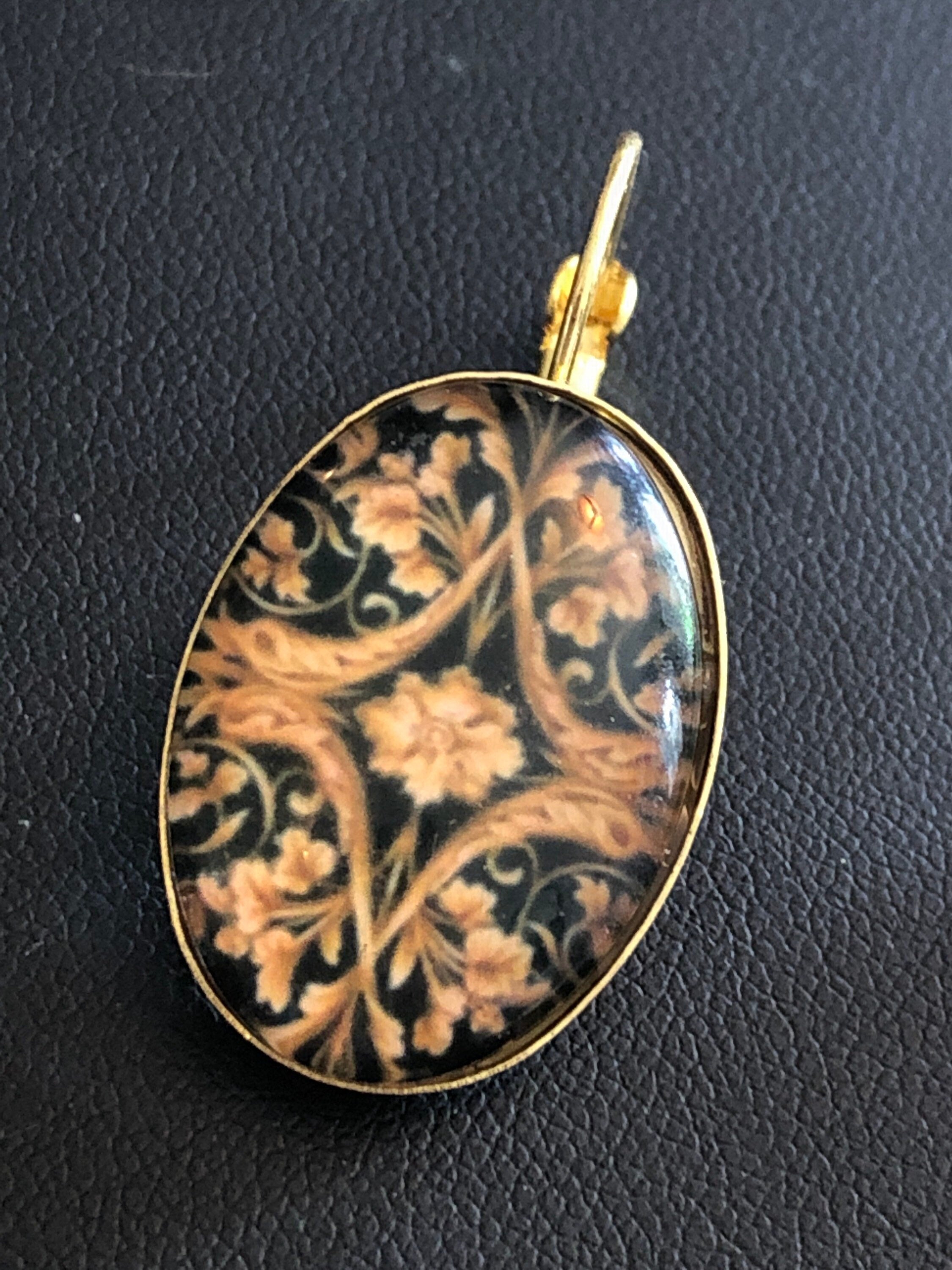 Antique rococo style gold black oval glass cabochon earrings