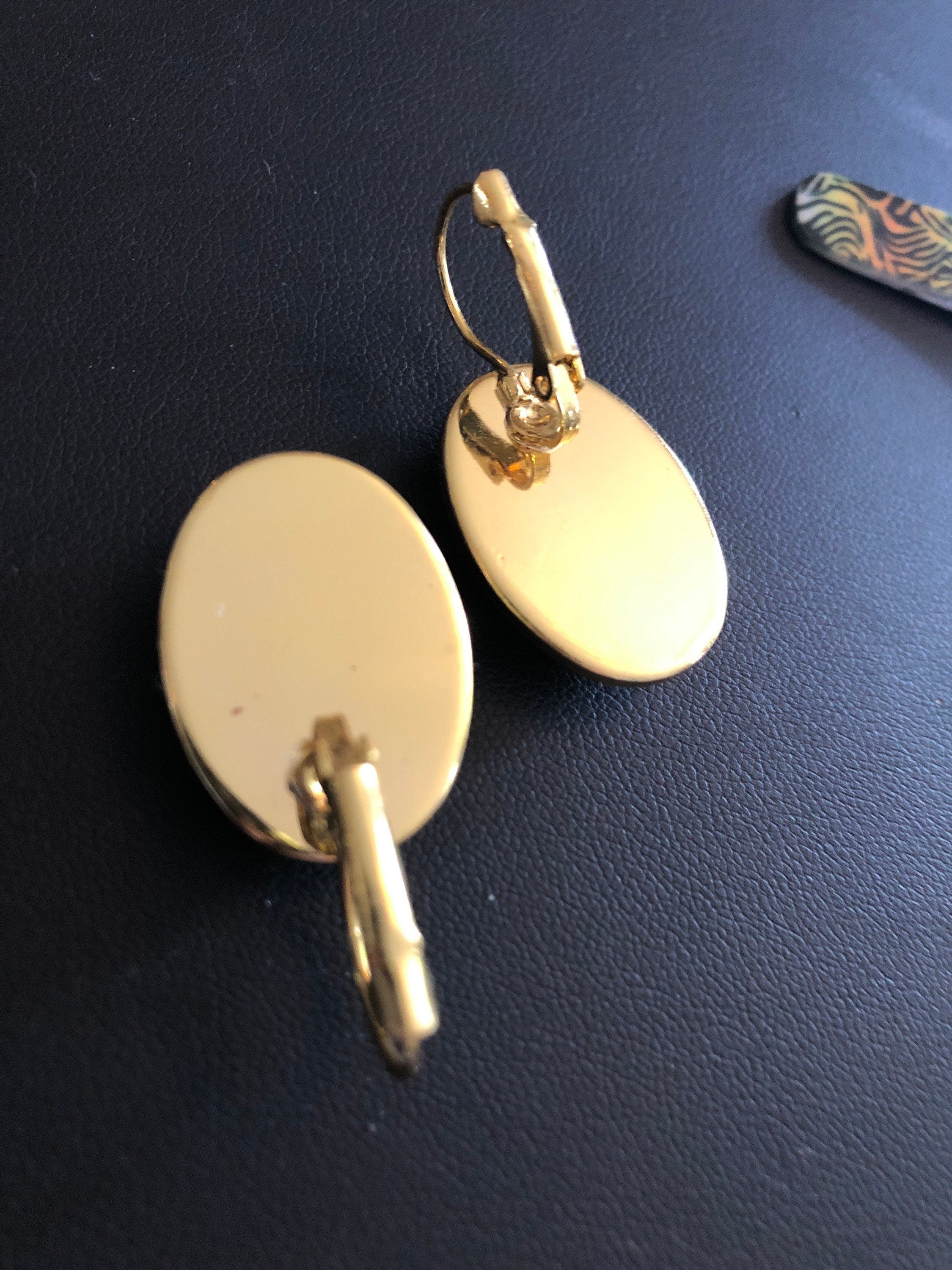Antique rococo style gold black oval glass cabochon earrings