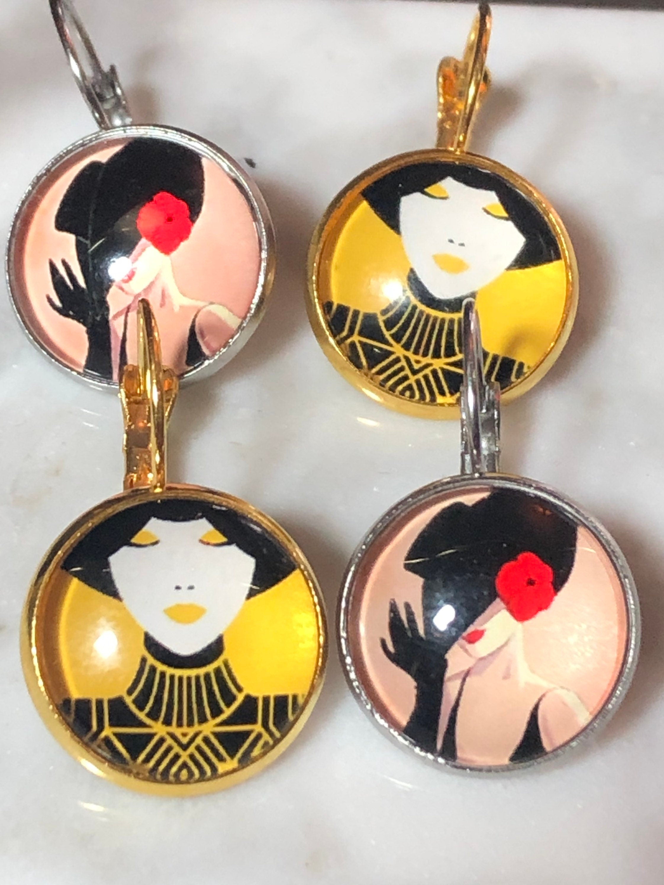 Stylish lady bright yellow drop earrings glass cabochon