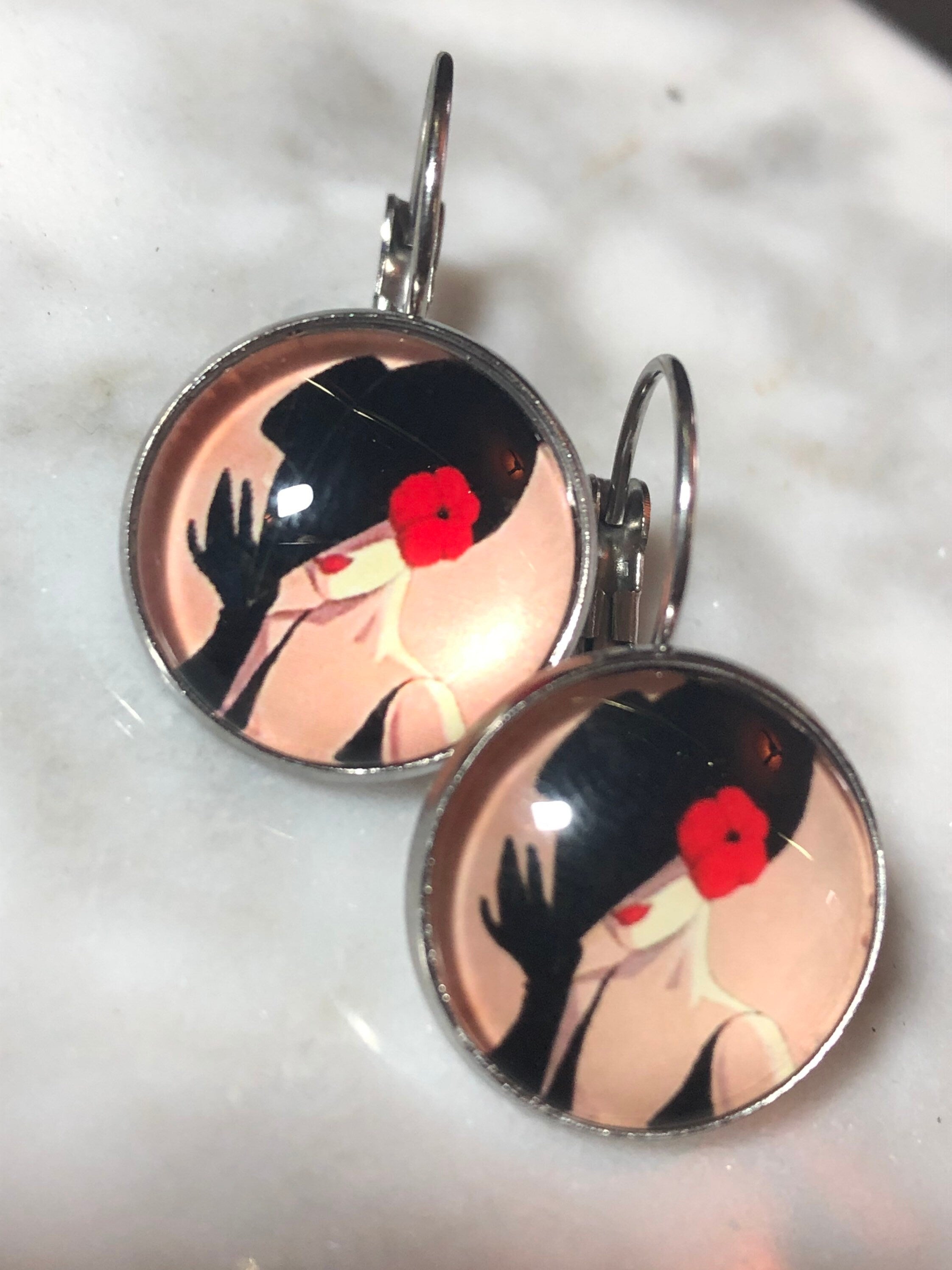 Art Deco stylish lady monochrome drop earrings black red