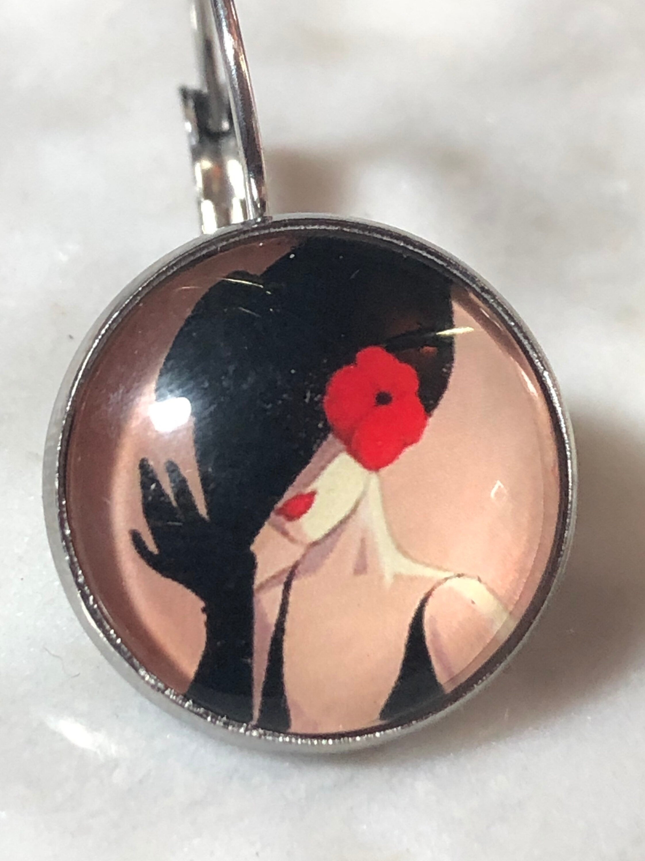 Art Deco stylish lady monochrome drop earrings black red