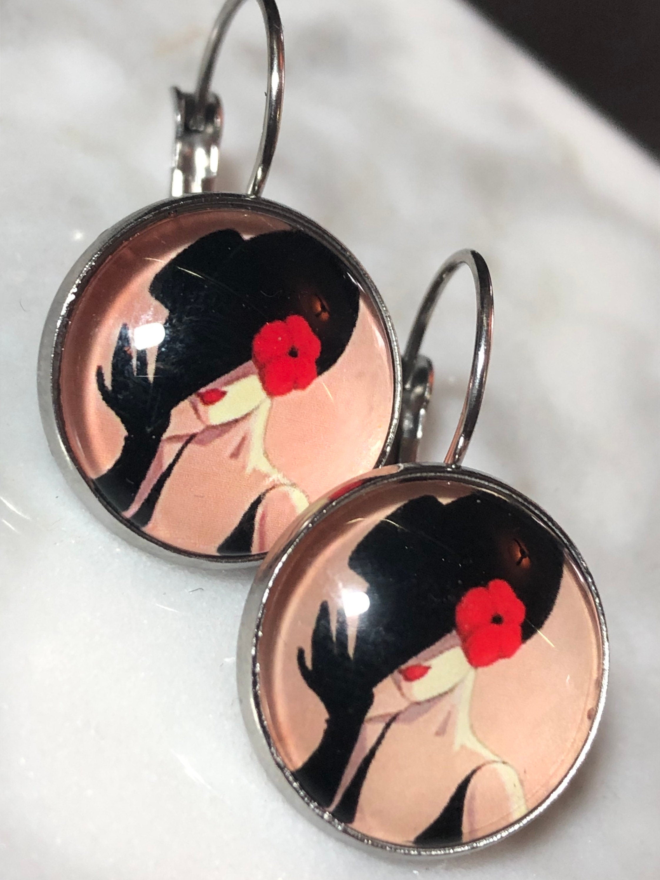 Art Deco stylish lady monochrome drop earrings black red