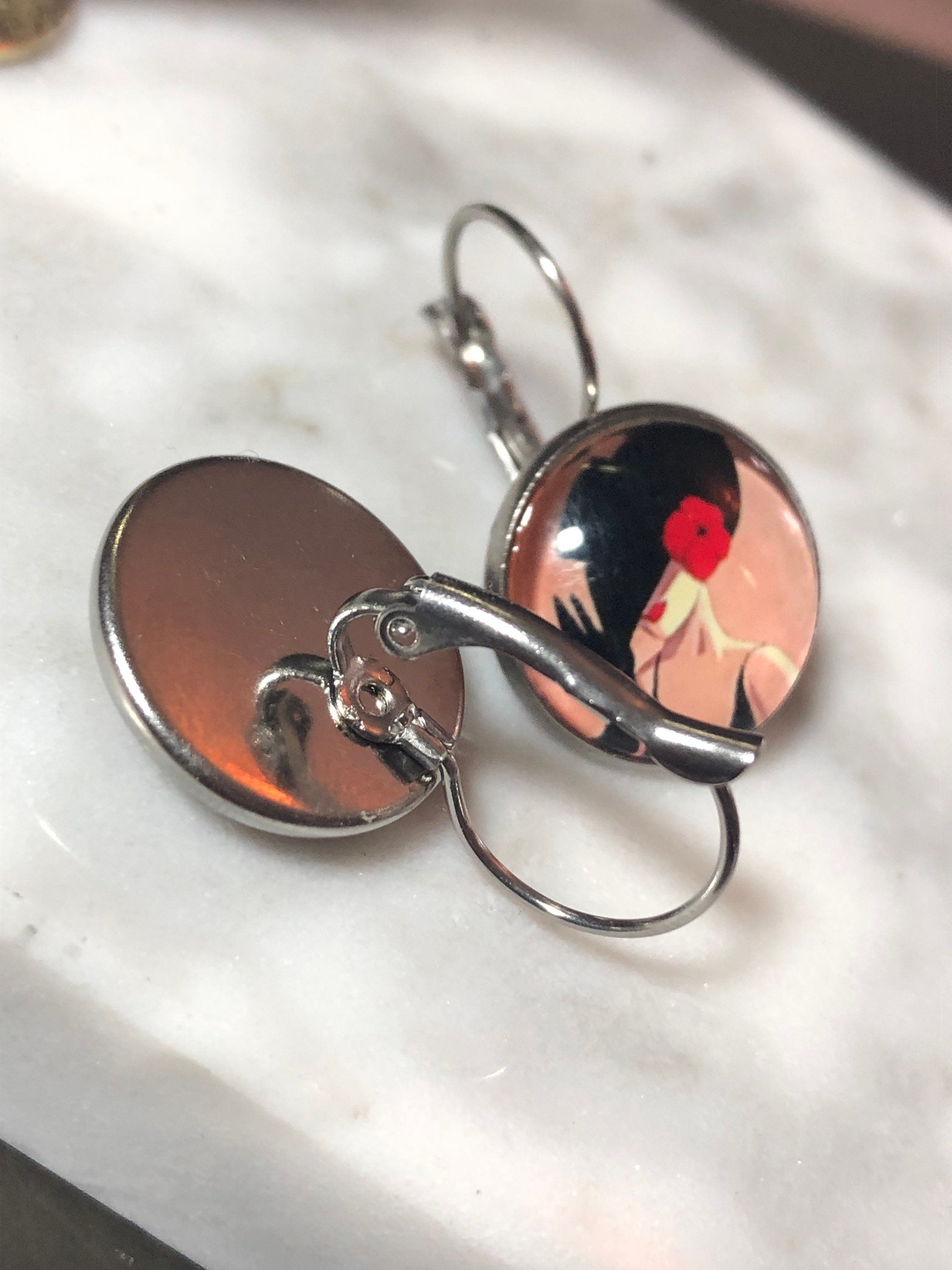 Art Deco stylish lady monochrome drop earrings black red