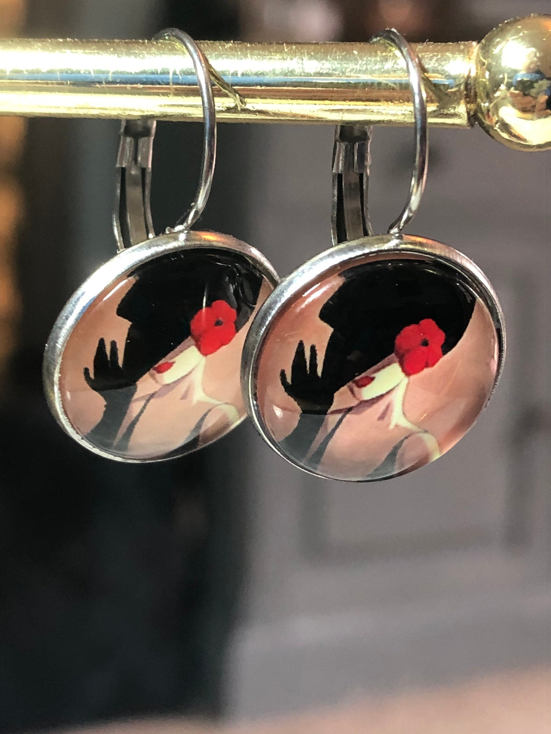 Art Deco stylish lady monochrome drop earrings black red