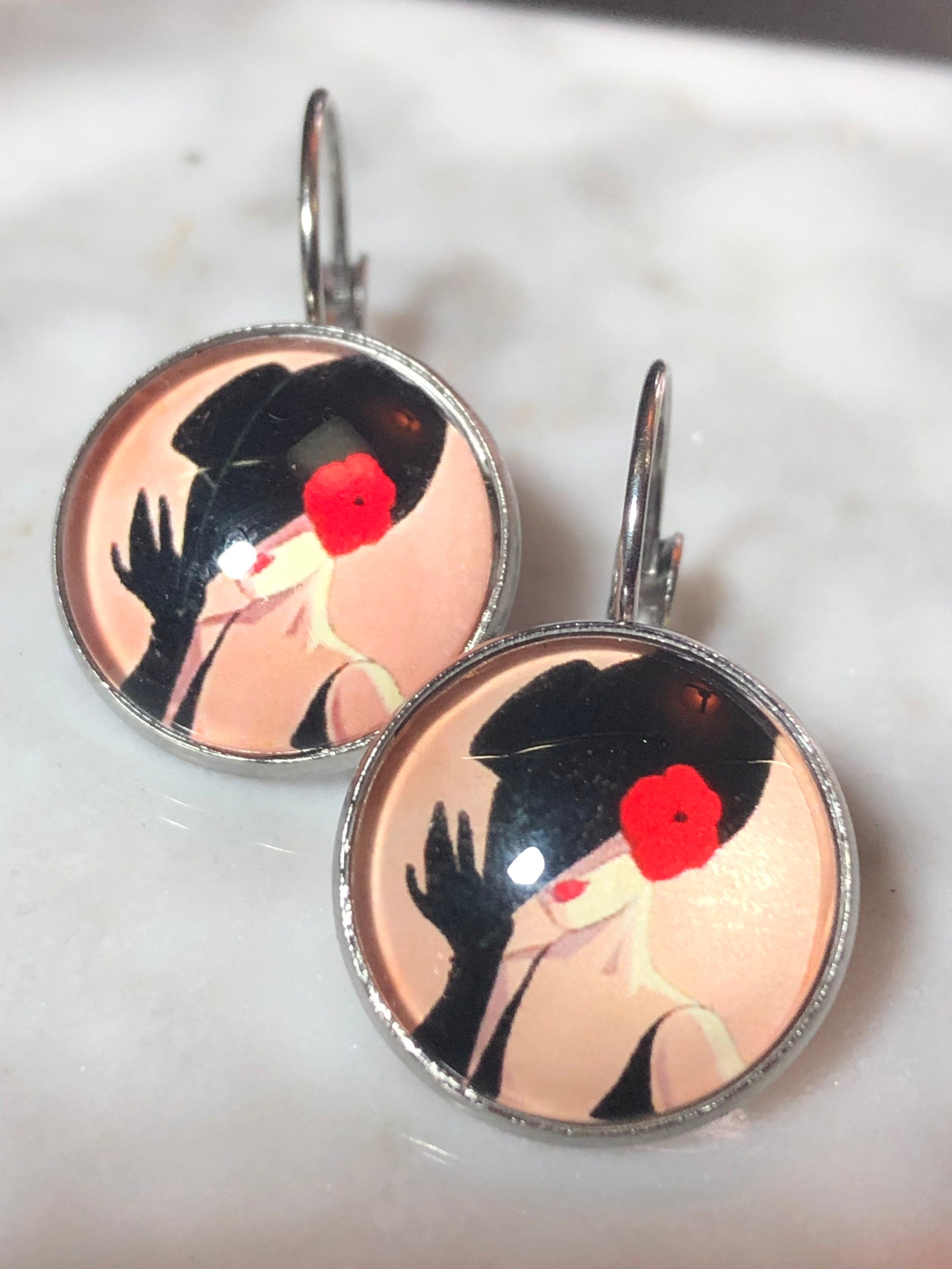Art Deco stylish lady monochrome drop earrings black red