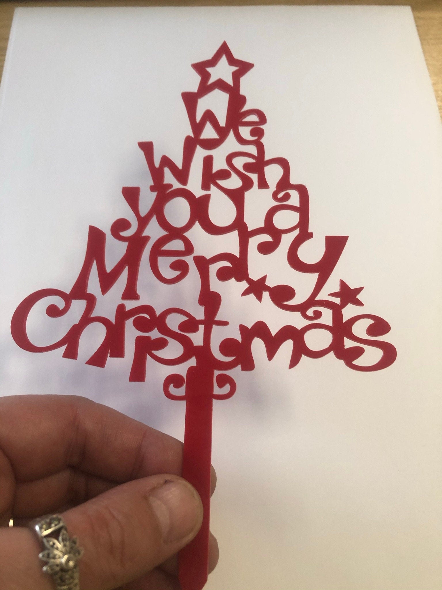 Red Christmas tree Cake Topper ( We wish you a merry Christmas) Acrylic