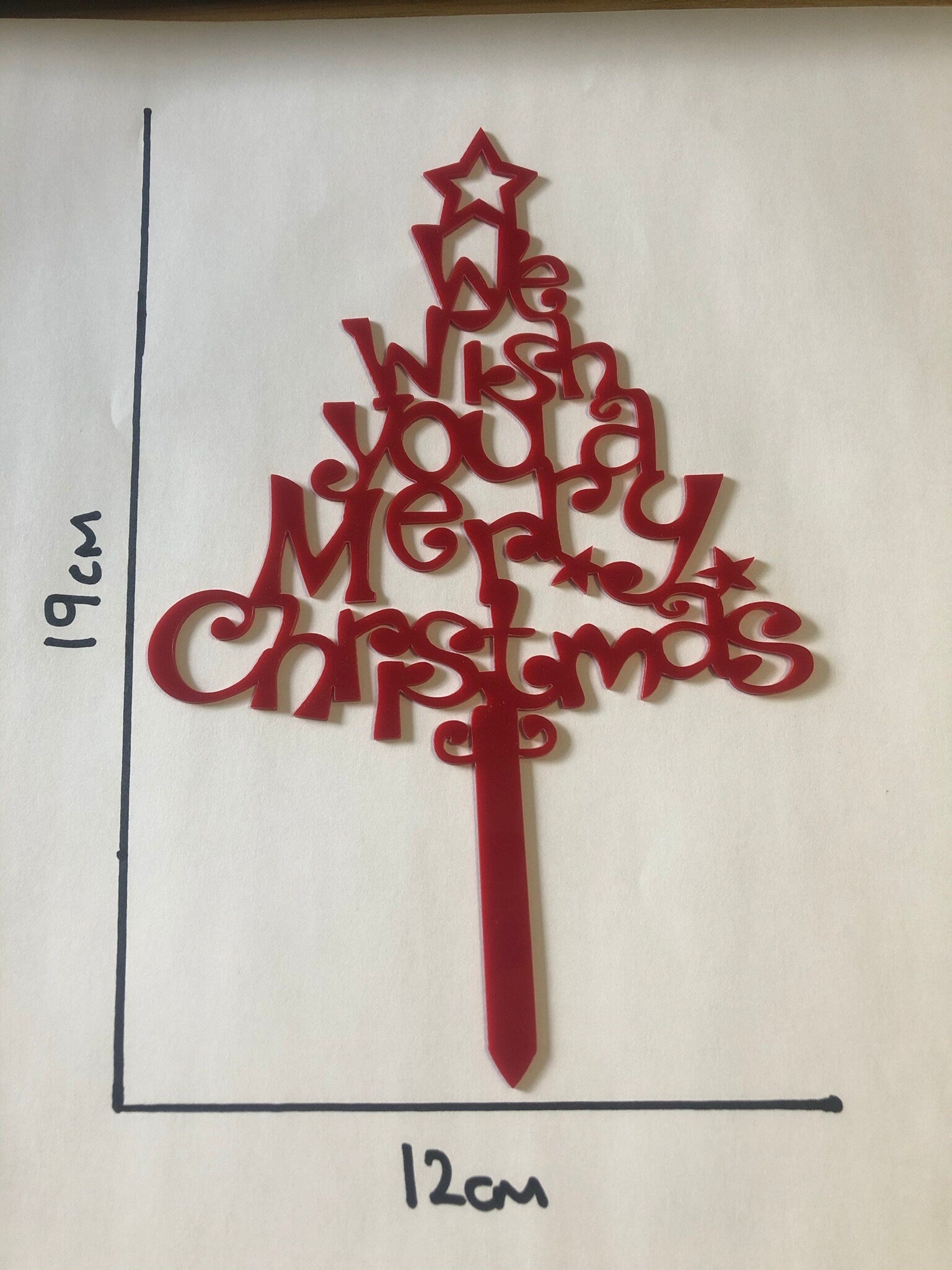 Red Christmas tree Cake Topper ( We wish you a merry Christmas) Acrylic