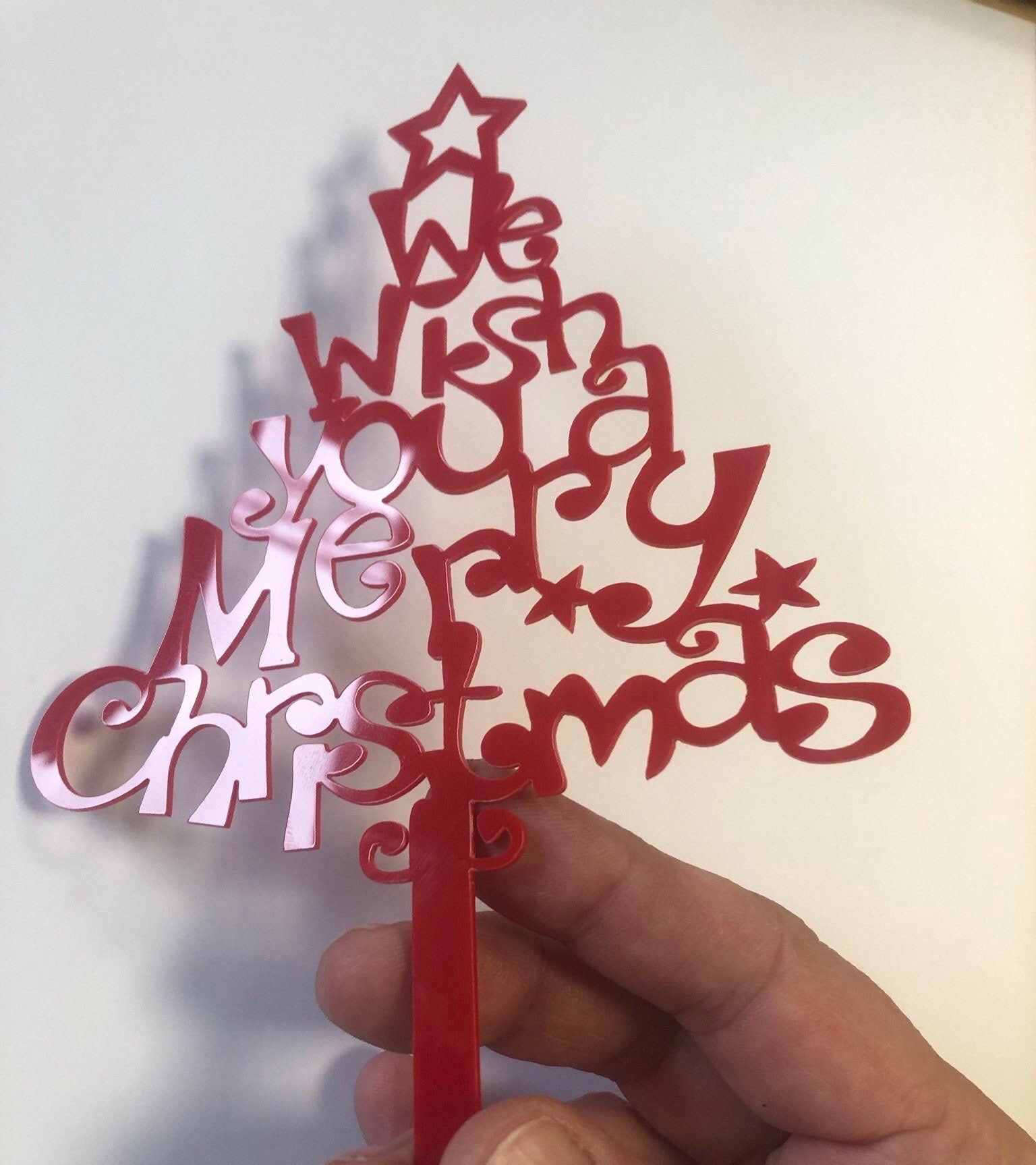 Red Christmas tree Cake Topper ( We wish you a merry Christmas) Acrylic