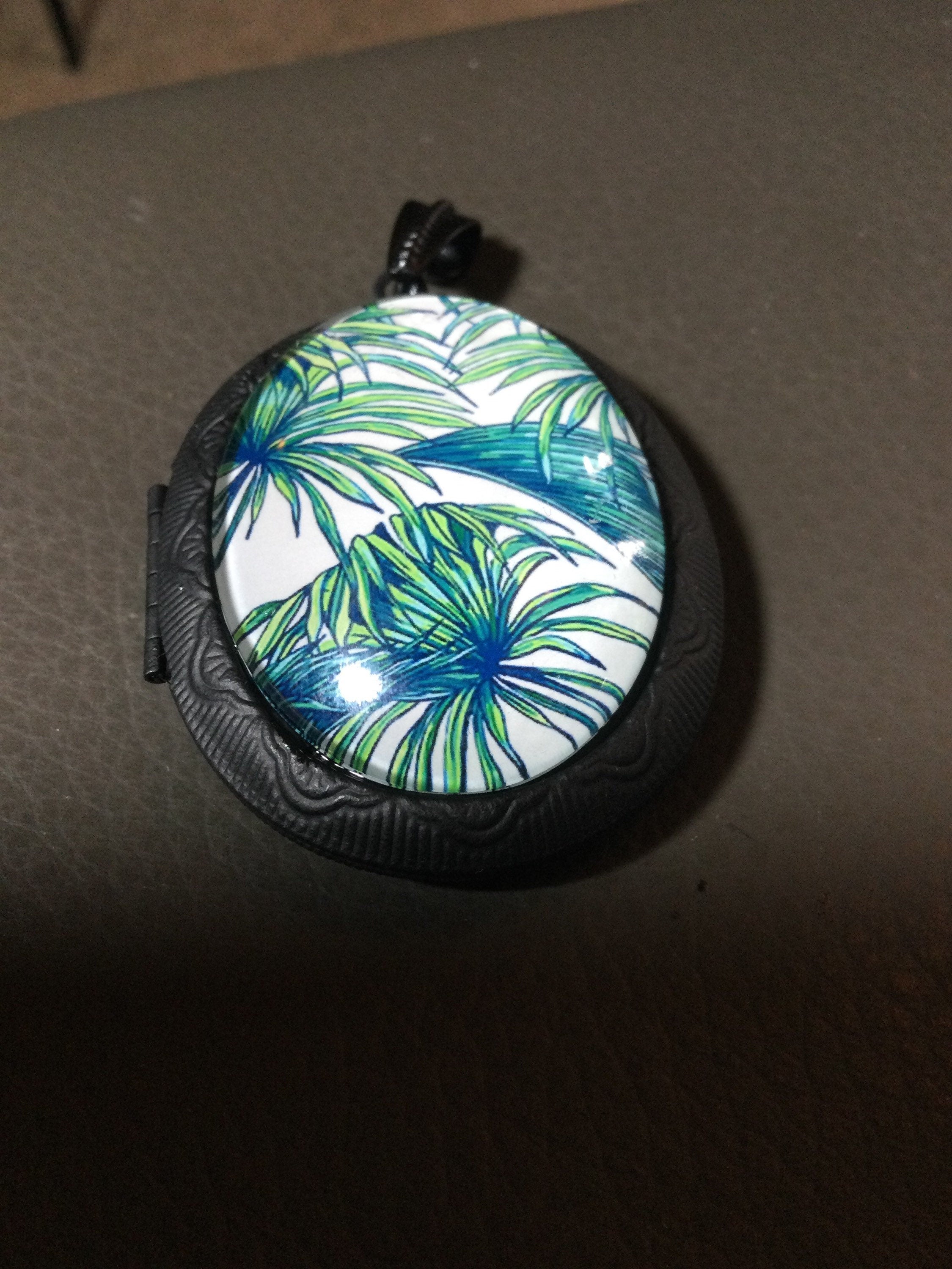 Tropical Palm Tree Locket Pendant, Matte Black Oval Photo Keepsake