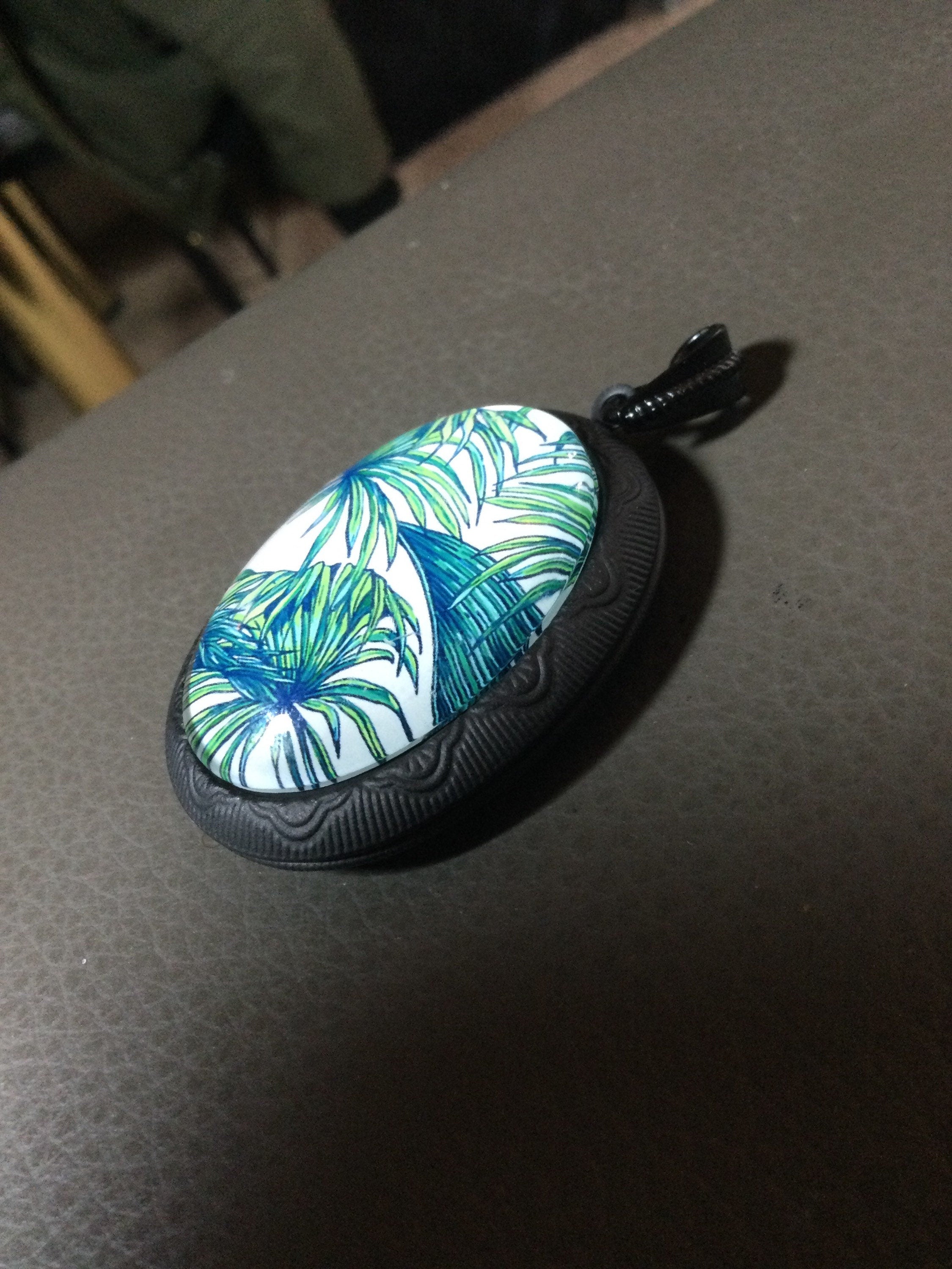 Tropical Palm Tree Locket Pendant, Matte Black Oval Photo Keepsake