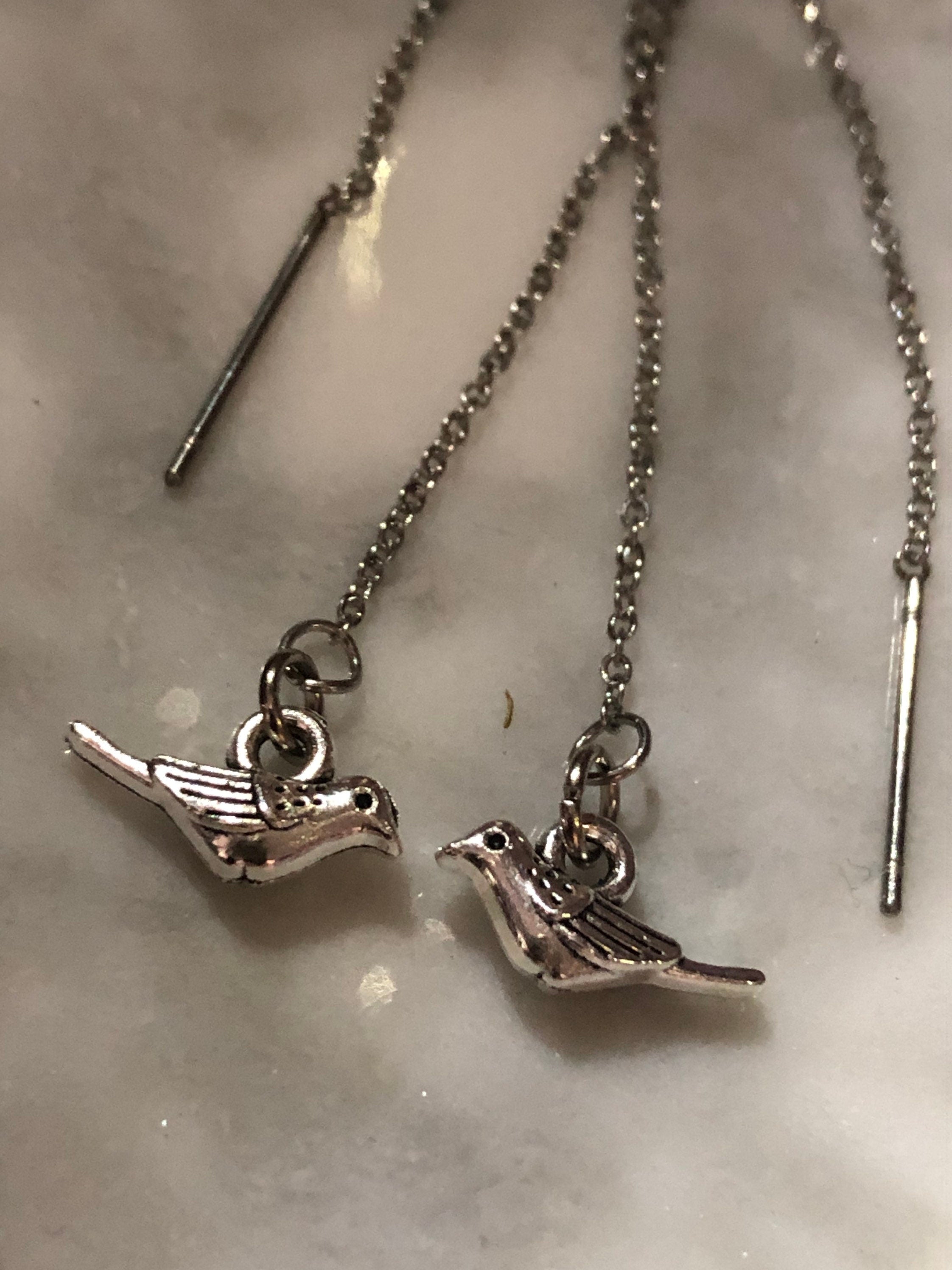 garden sparrow bird drop threader earrings pierced Silver tone