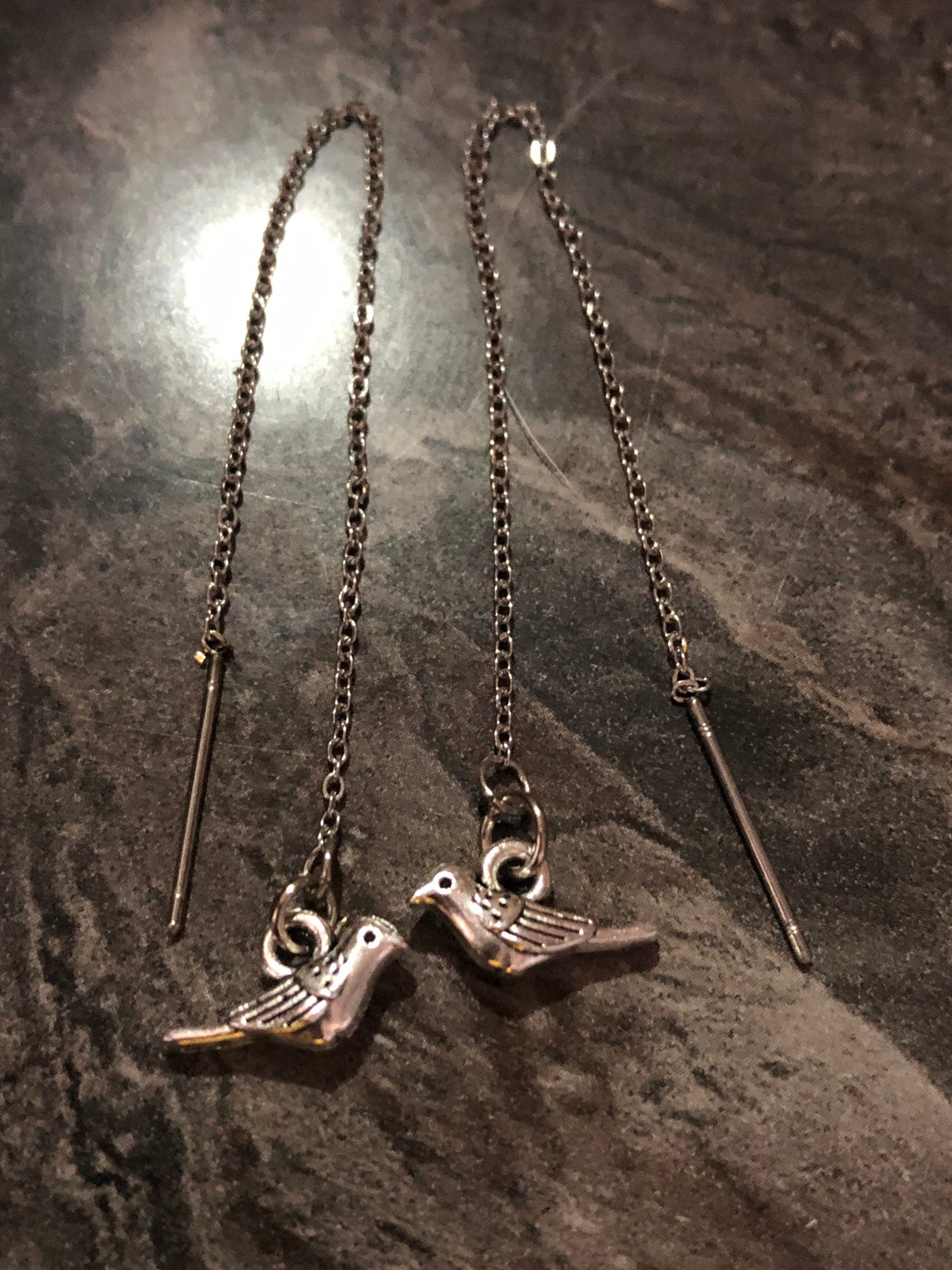 garden sparrow bird drop threader earrings pierced Silver tone