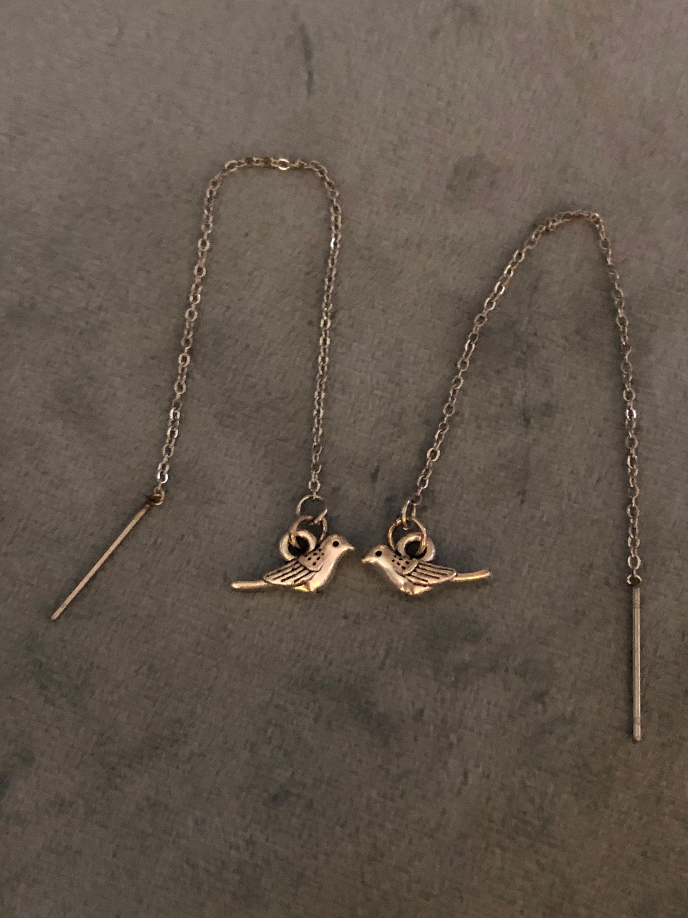 garden sparrow bird drop threader earrings pierced Silver tone