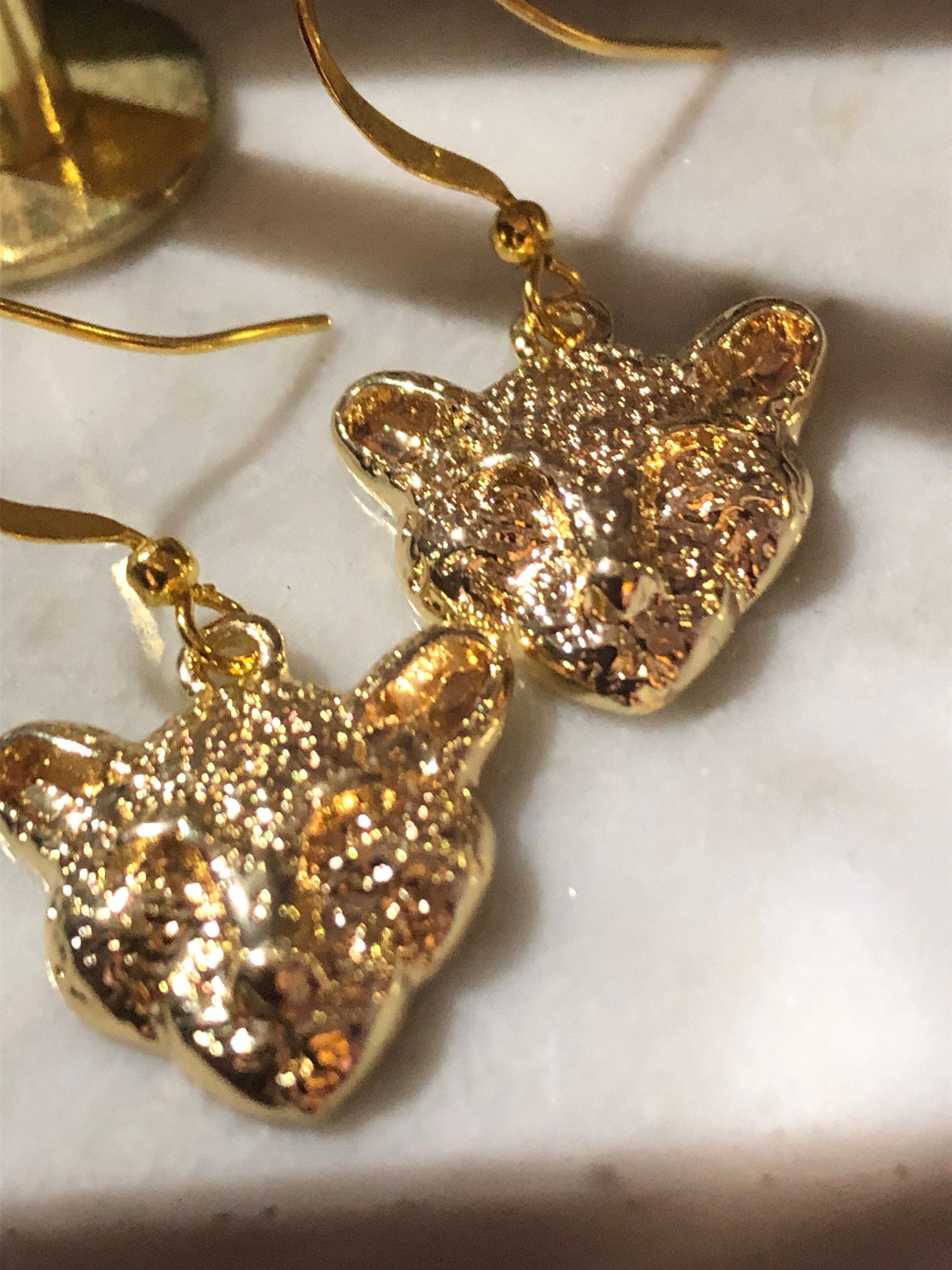 leopard panther cat dangly drop earrings gold tone