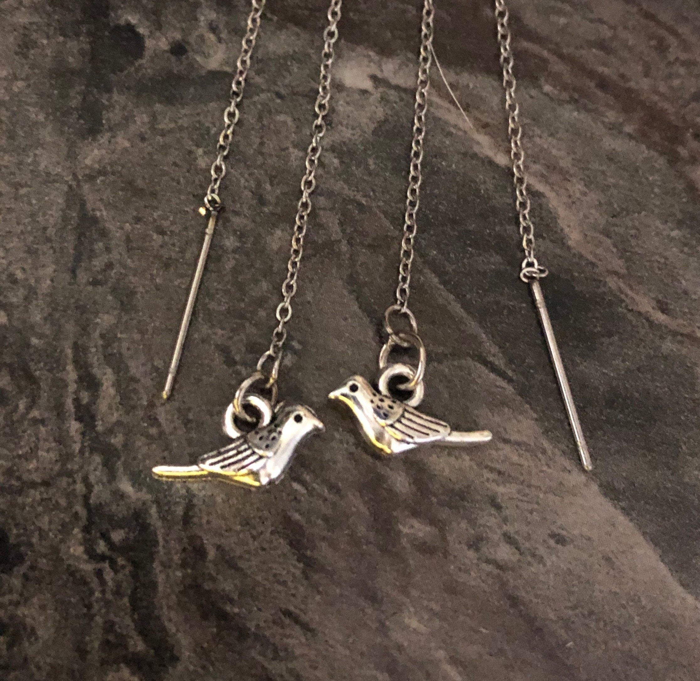 garden sparrow bird drop threader earrings pierced Silver tone
