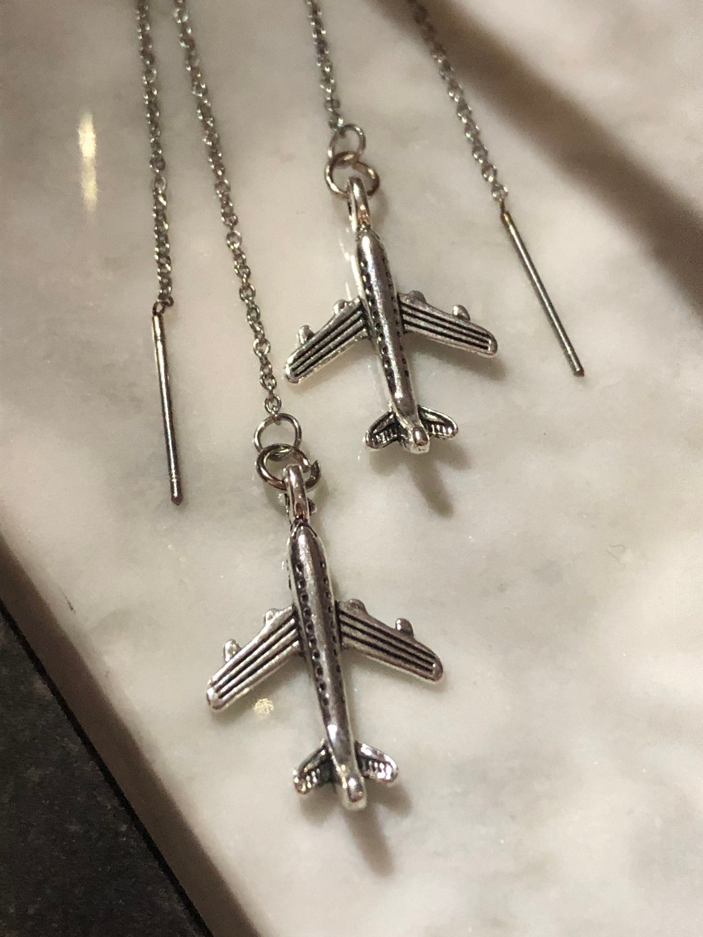 Silver tone aeroplane drop earrings pierced pull through stainless steel threader