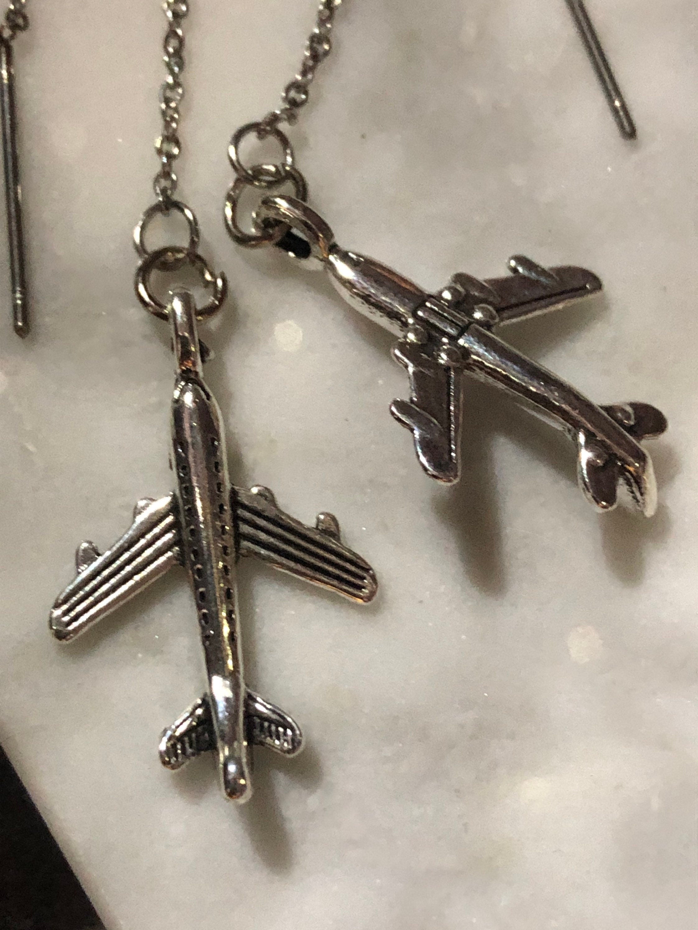 Silver tone aeroplane drop earrings pierced pull through stainless steel threader