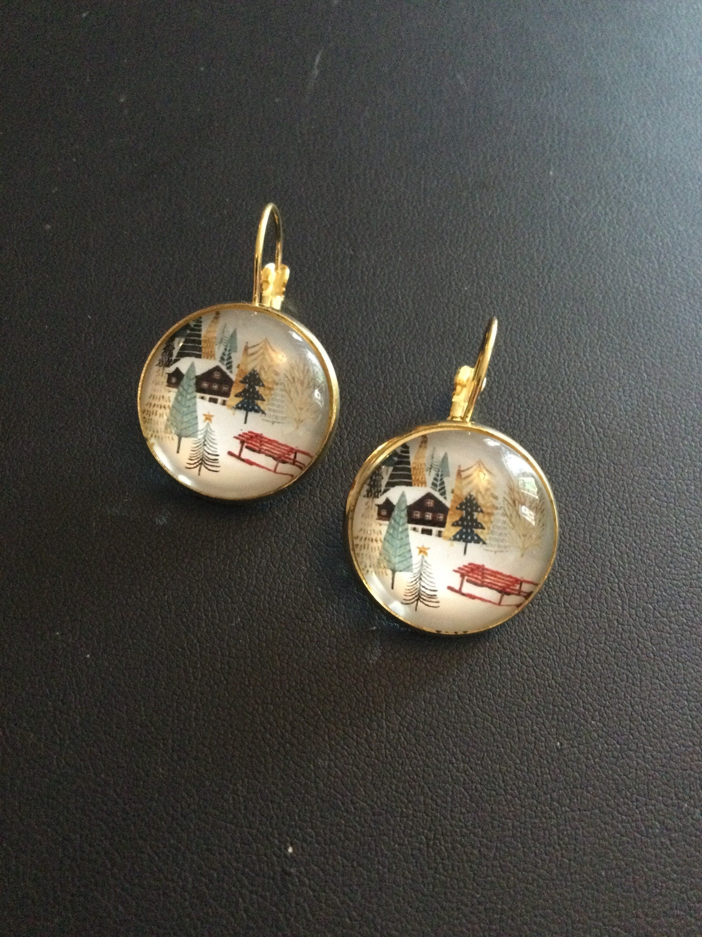 Hygge nordic style winter snow scene drop earrings